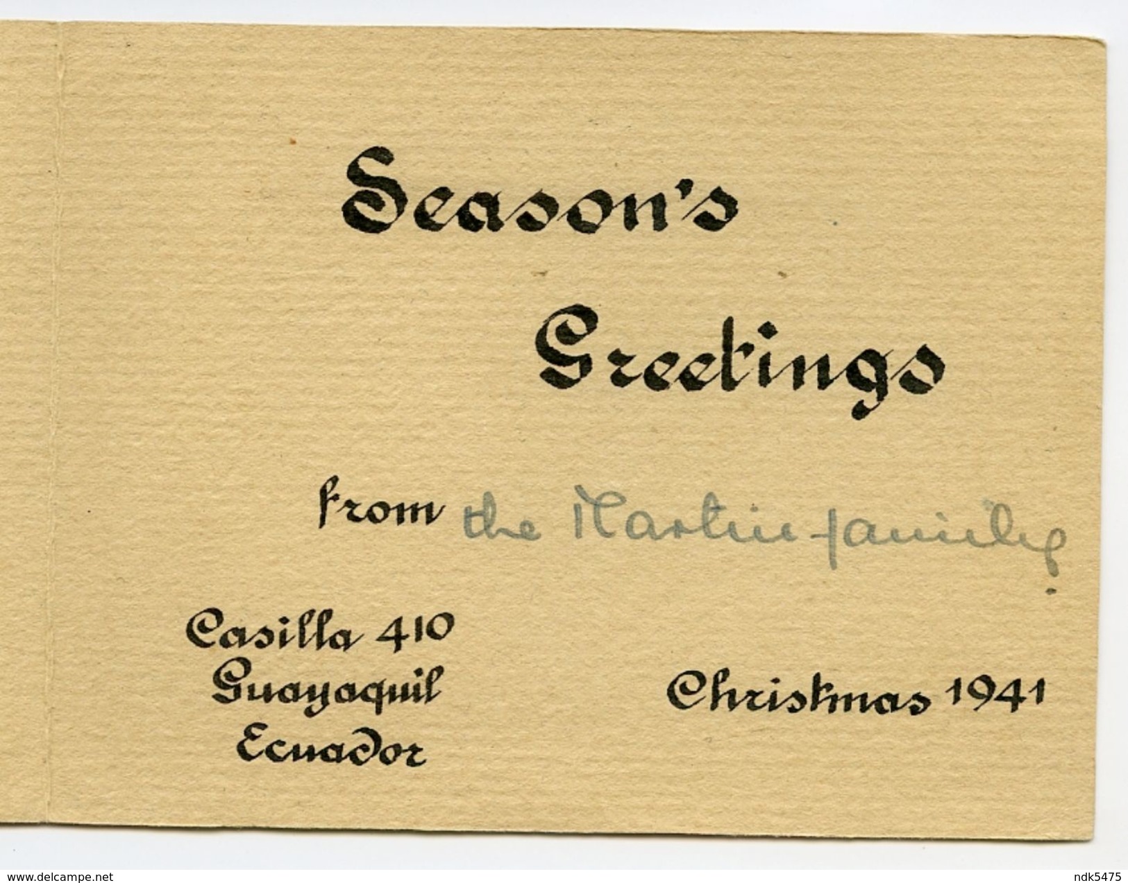 CHRISTMAS CARD : ECUADOR - QUAYAQUIL, ELNCON - 1941 (10 X 15cms Approx.) - Non Classés