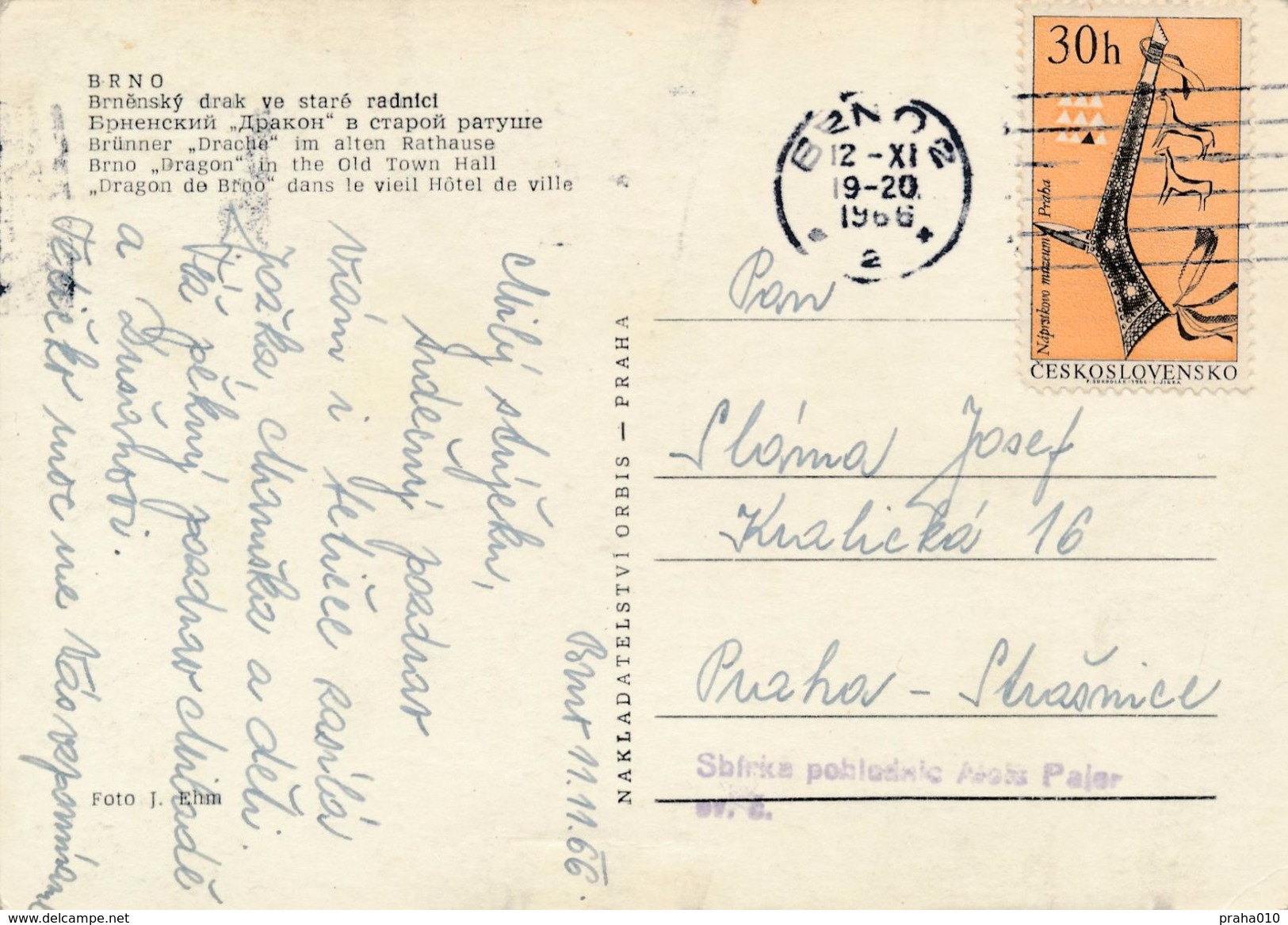 M0190 - Czechoslovakia (1966) Brno 2 (postcard: Brno); Tariff: 30h (stamp: Indians Of North America - Tomahawk) - Indiens D'Amérique