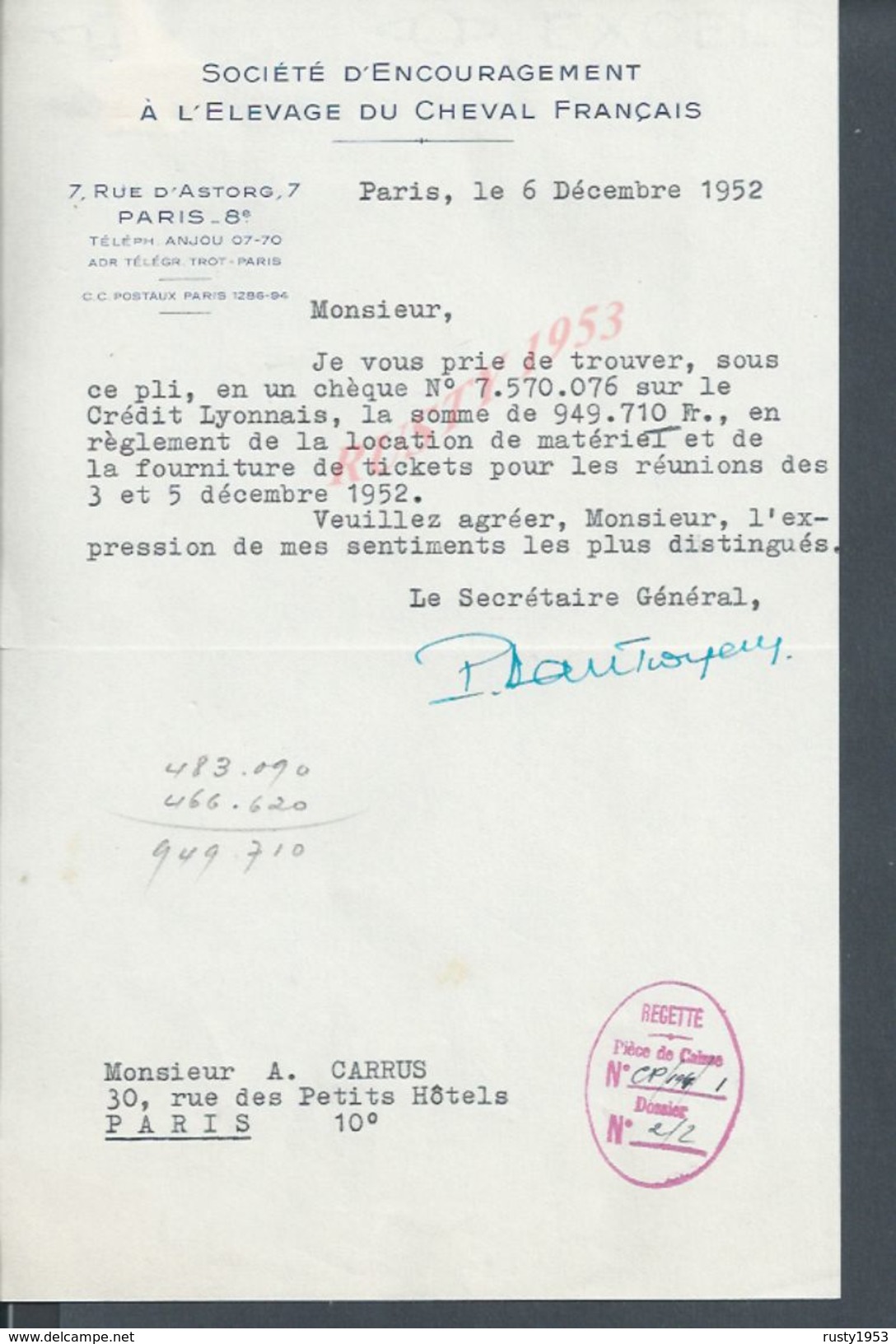 LETTRE SOCIETE D ENCOURAGEMENT À L ELEVAGE DU CHEVAL FRANÇAIS 1952 PARIS RUE D ASTORG : - Equitation