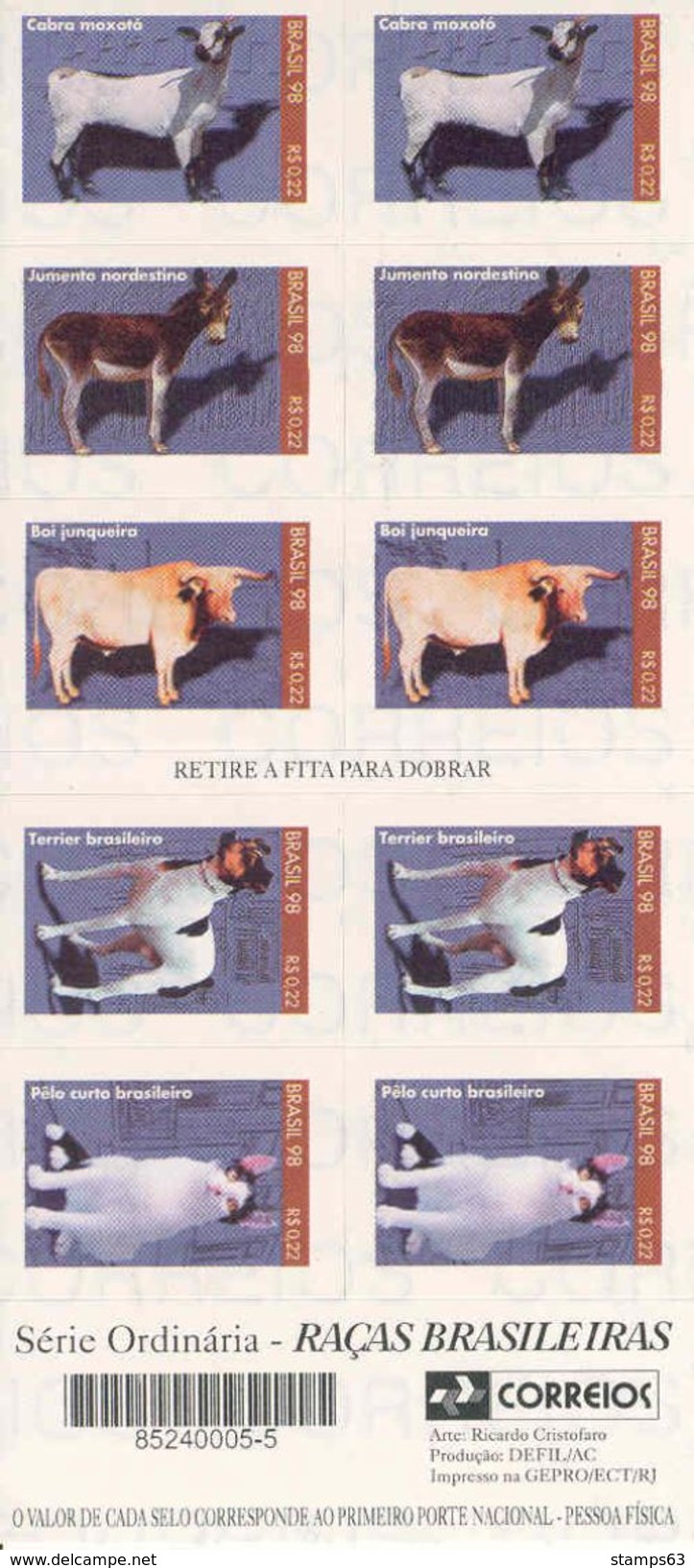 BRAZIL, 1998, Booklet 20, Self-adhesives Animals - Postzegelboekjes