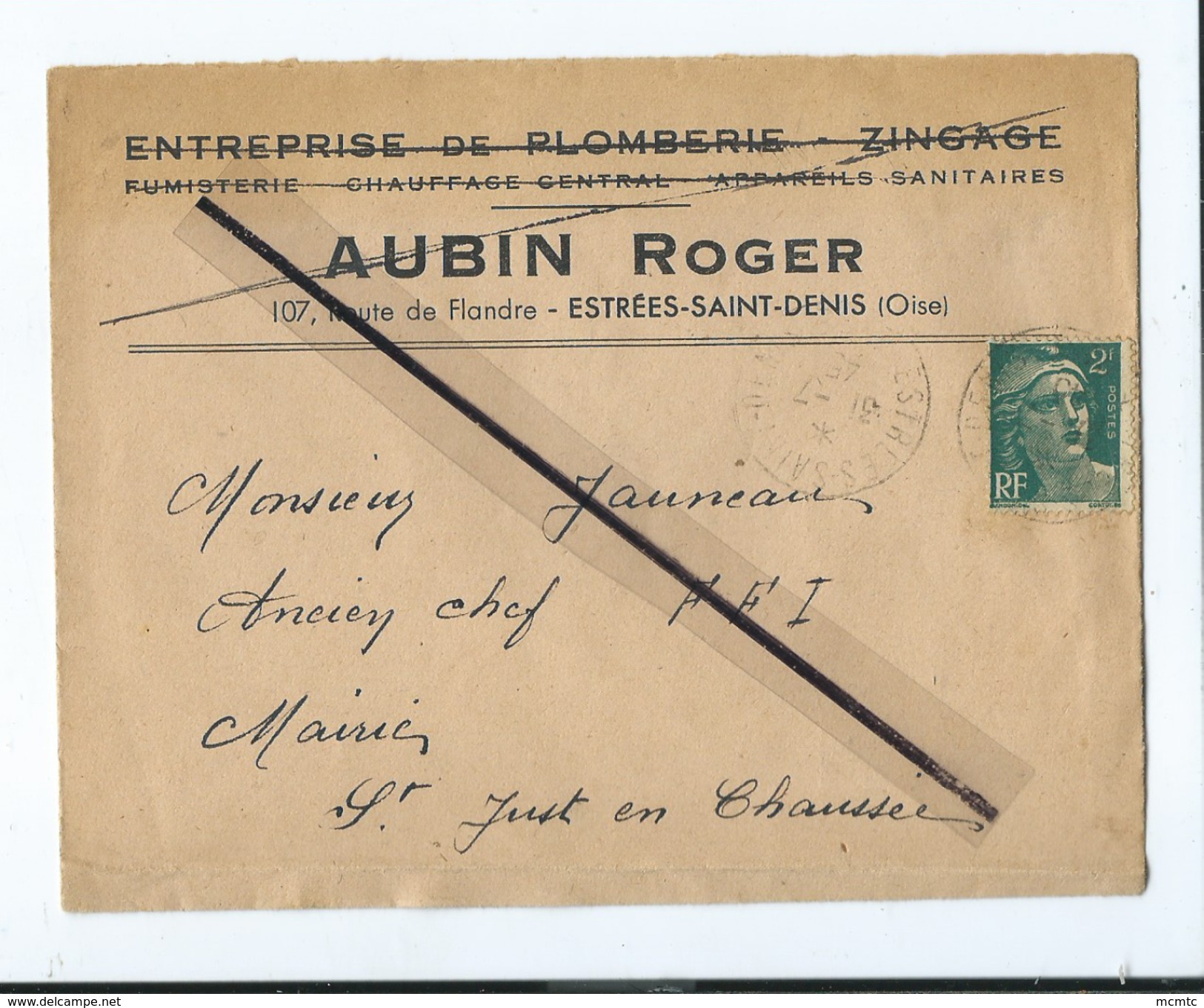 Enveloppe Ancienne De 1945 Timbrée - Entreprise De Plomberie Zingage - Aubin Estrées Saint Denis -(Oise ) - 1921-1960: Période Moderne