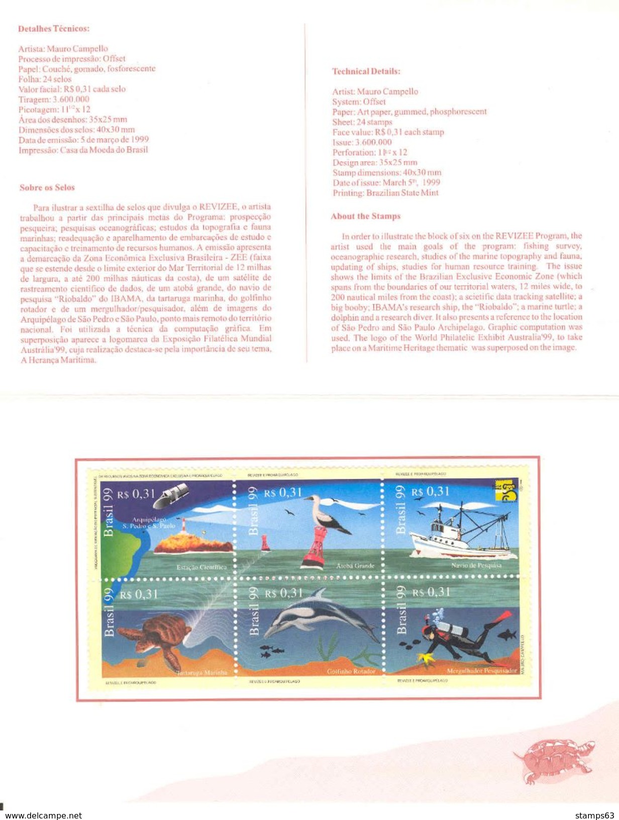 BRAZIL, 1999, Booklet 21, Fish - Turtle - Ship - Delphin - Postzegelboekjes