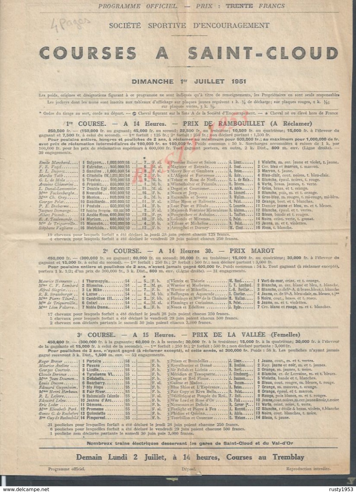 PROGRAMME OFFICIEL COURSES À SAINT CLOUD 1951 AVEC DIVRES PUBLICITÉ DONT LA 4 CV RENAULT LOTERIE NATIONALE CROIX ROUGE - Reiten