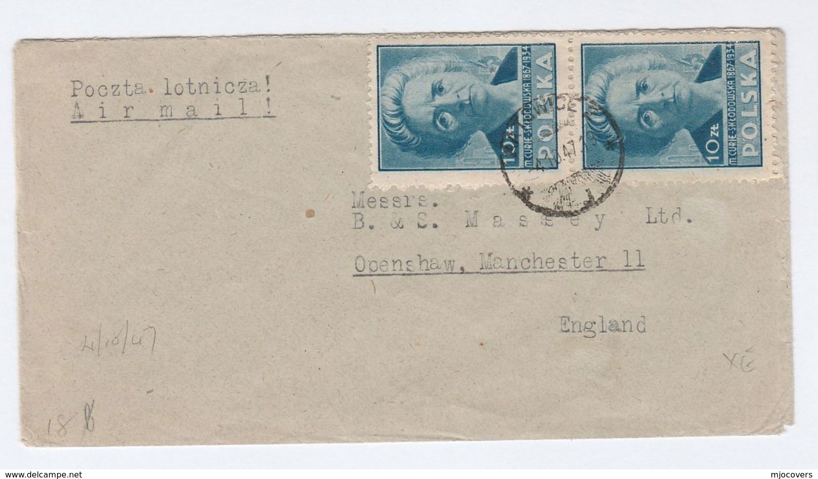 1947 POLAND COVER 2x 10z MARIE CURIE Stamps To GB Radiation Health Medicine Physics - Physik