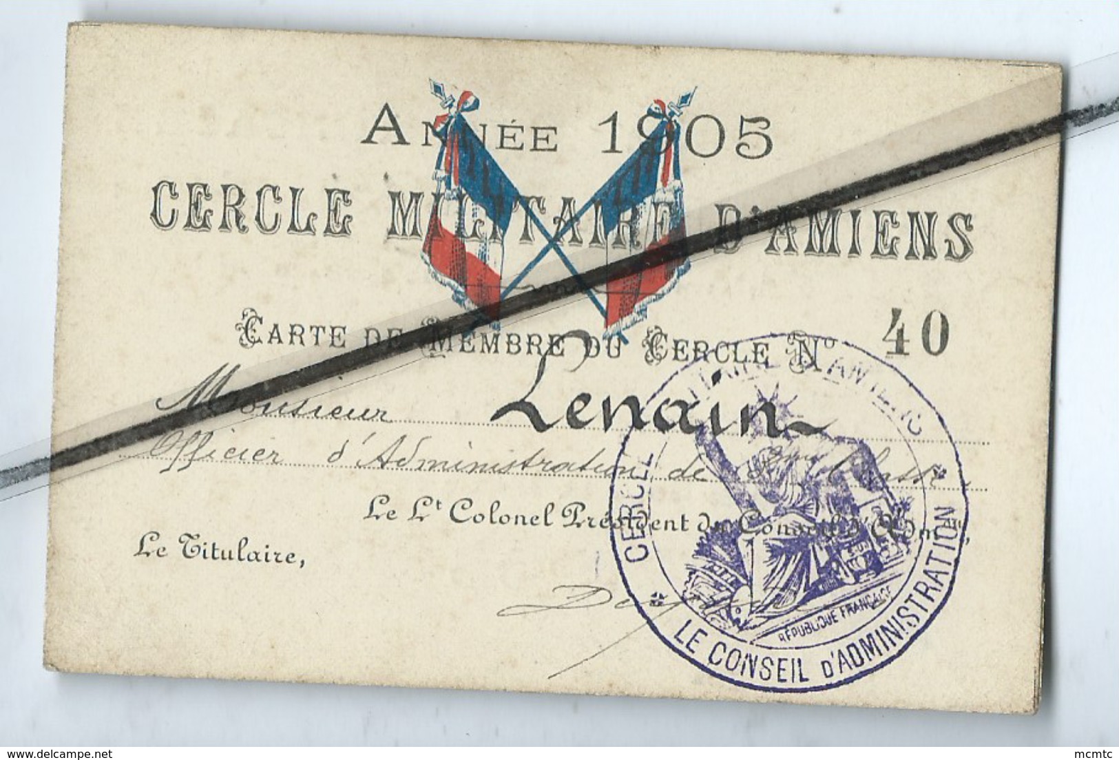 Carte De Membre Du Cercle Militaire D'Amiens - Année 1905 - - Andere & Zonder Classificatie