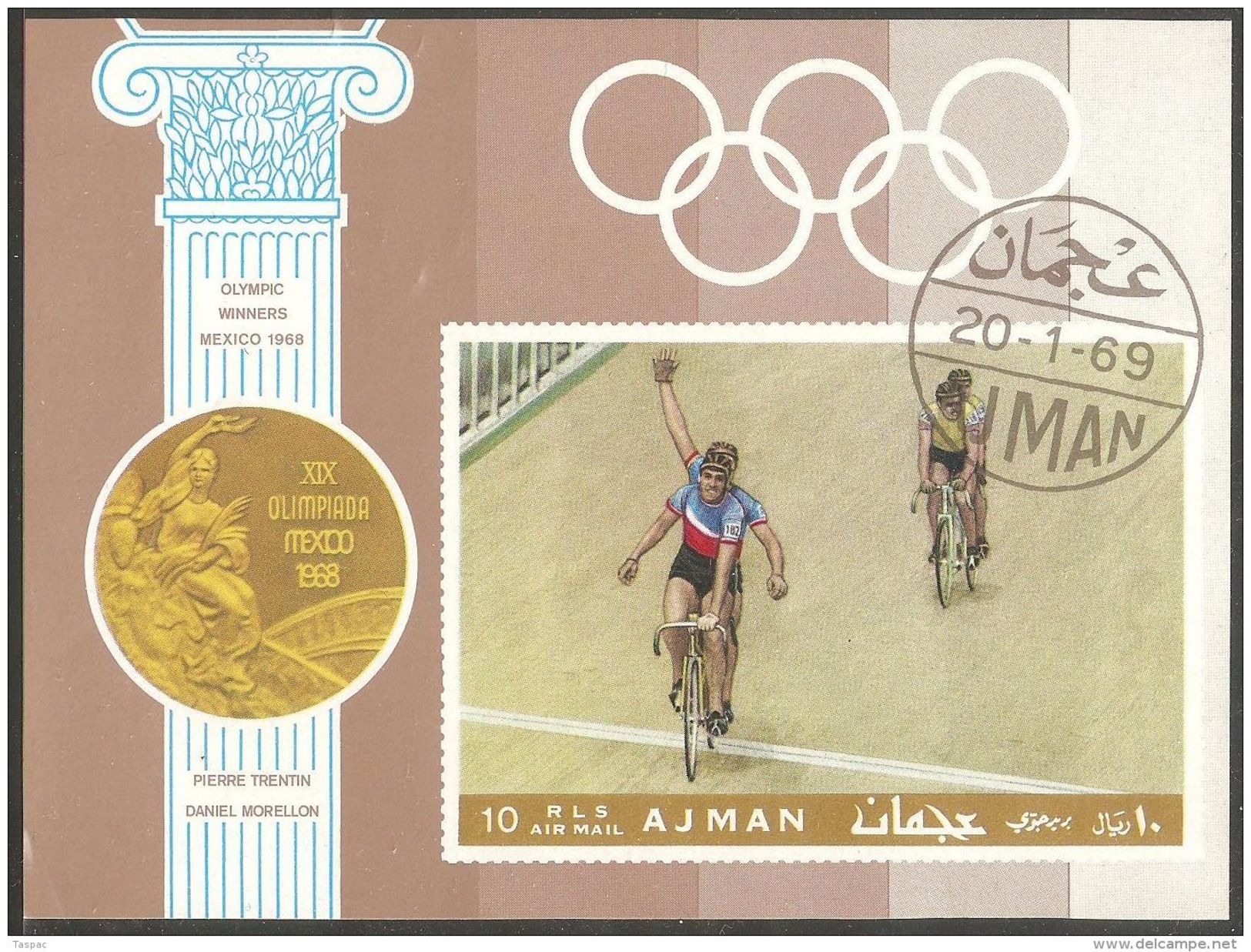 Ajman 1969 Mi# Block 77 B Used - Imperf. - Cycling / Tandem Racing / Summer Olympics, Mexico '68 - Cycling