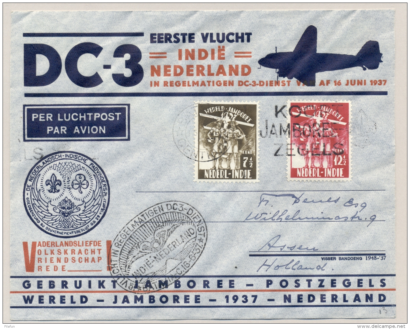 Nederlands Indië - 1937 - Jamboree Serie Met Machinestempel KOOPT JAMBOREE ZEGELS Op Vliegbrief Van Batavia Naar Assen - Nederlands-Indië