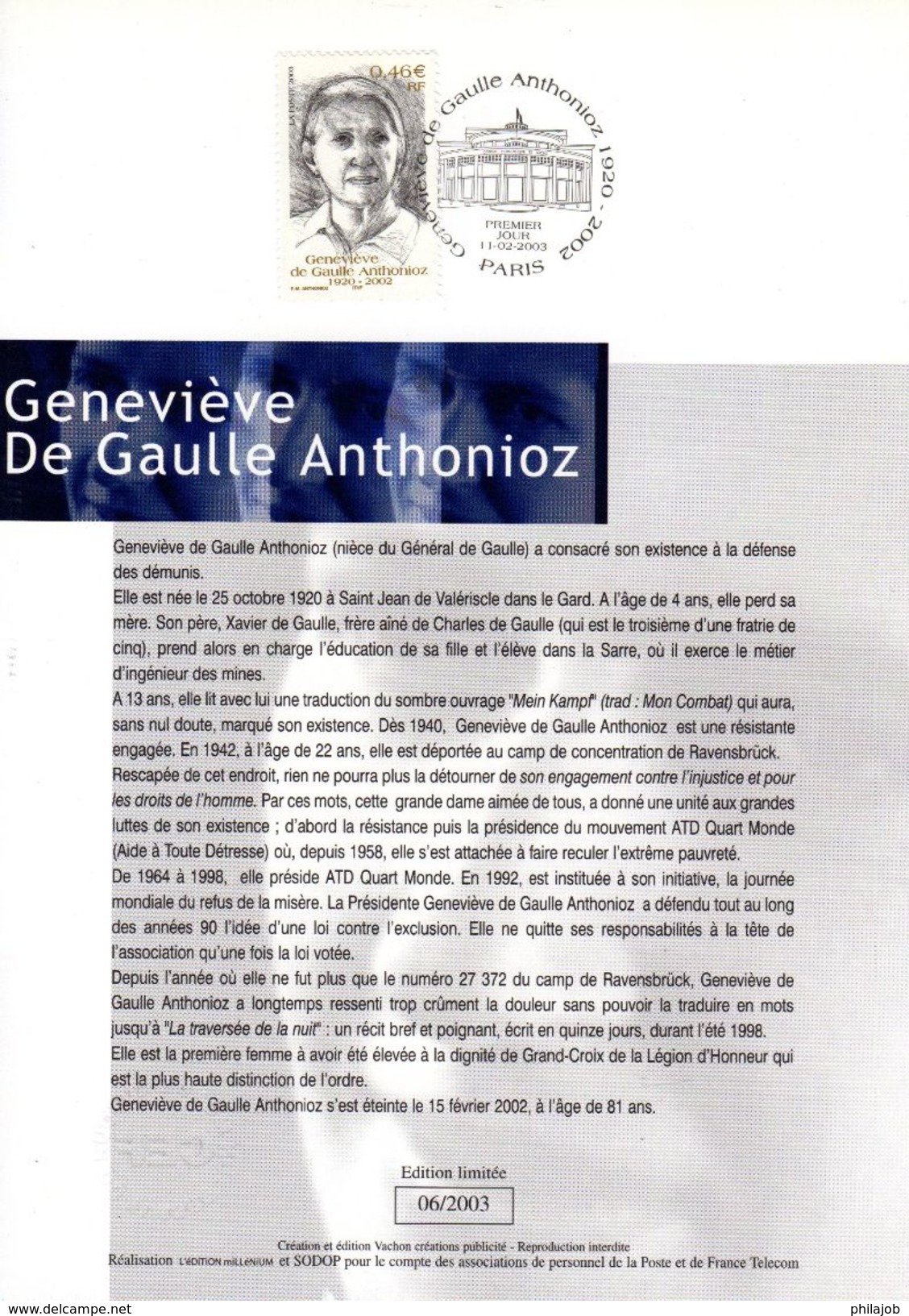 &#9989; " GENEVIEVE DE GAULLE ANTHONIOZ " Sur Encart 1er Jour De 2003  N° YT 3544. Voir Les 2 Scans. - De Gaulle (General)