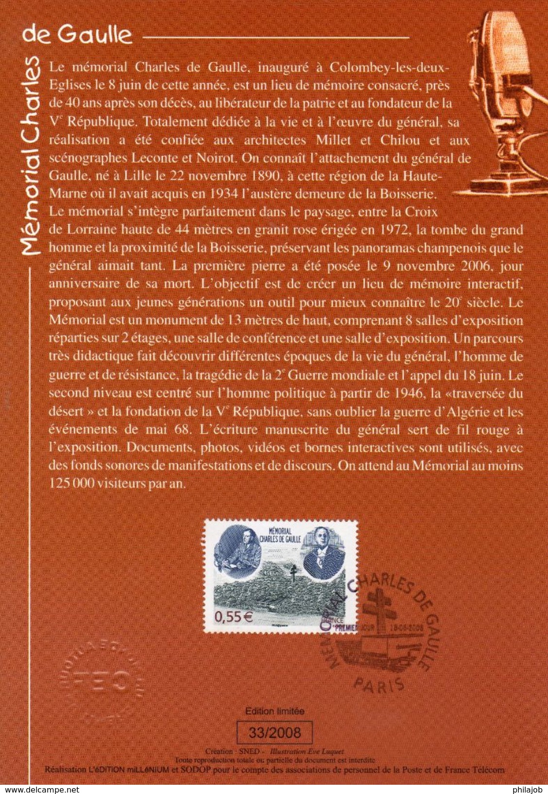 &#9989; " MEMORIAL CHARLES DE GAULLE " Sur Encart 1er Jour De 2008  N° YT 4243. Voir Les 2 Scans. - De Gaulle (Général)