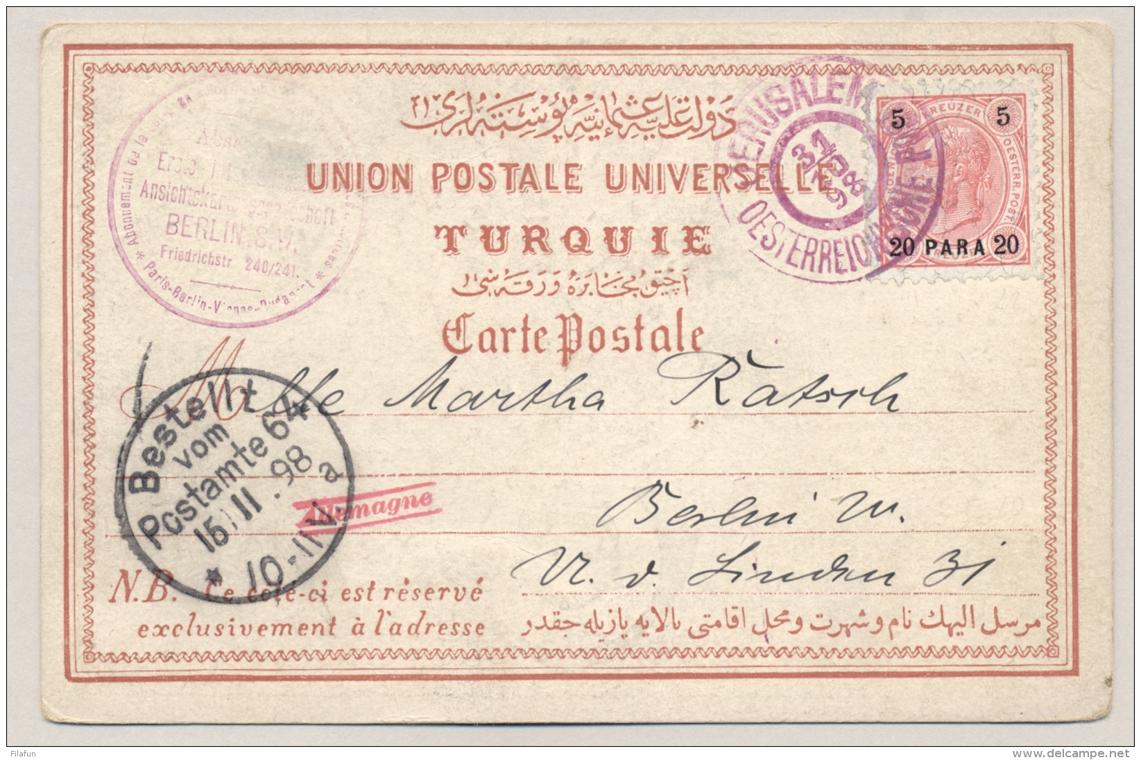 Österreich / Levante - 1898 - 20 Pa On 5 Kreuzer On Coloured Postal Card From JERUSALEM To Berlin - Oostenrijkse Levant