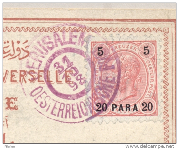 Österreich / Levante - 1898 - 20 Pa On 5 Kreuzer On Coloured Postal Card From JERUSALEM To Berlin - Oostenrijkse Levant