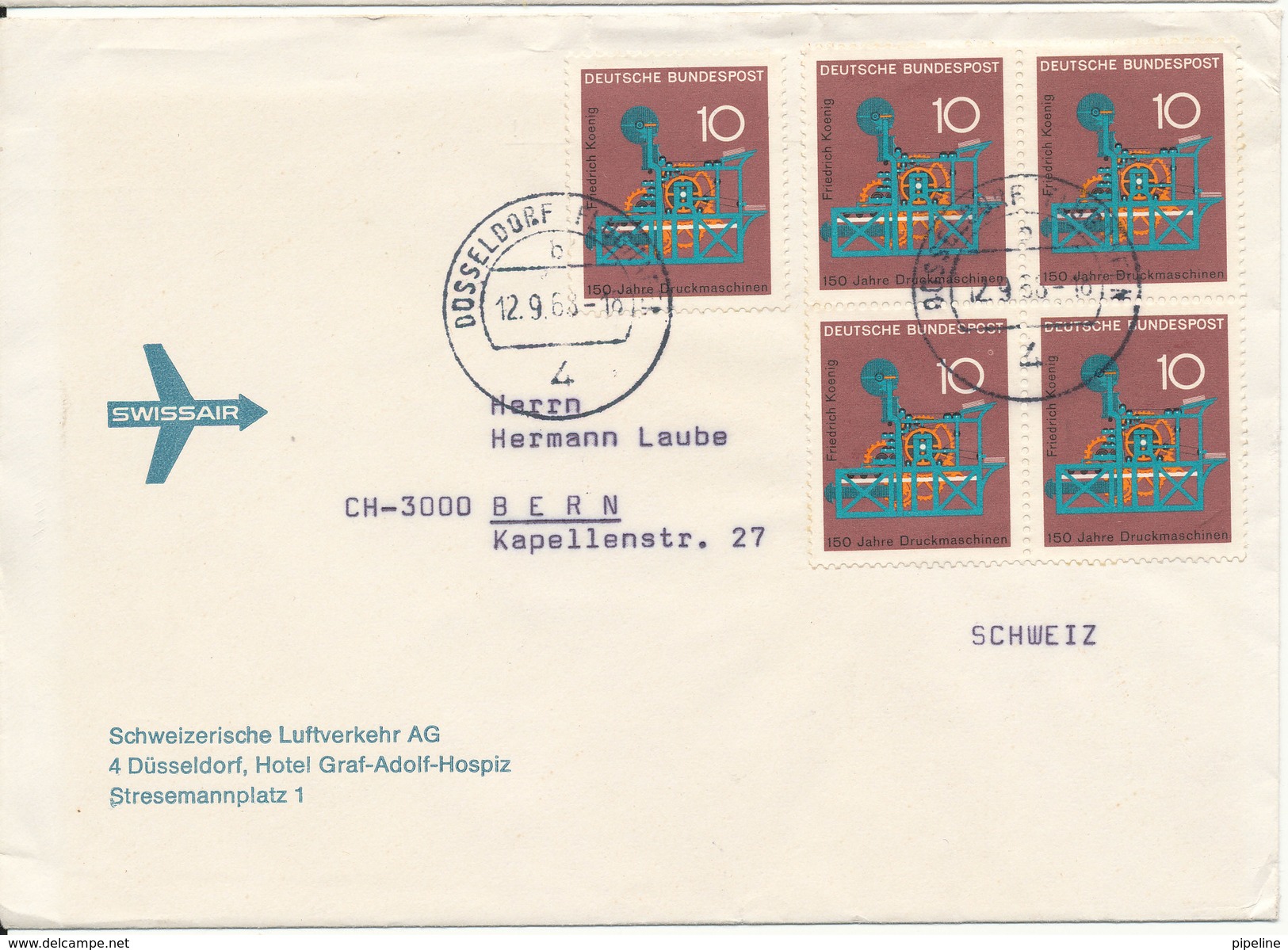 Germany Cover Sent To Switzerland Düsseldorf 12-9-1968 With A Block Of 4 + Single Stamp - Lettres & Documents