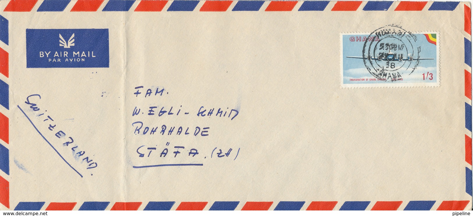 Ghana Air Mail Cover Sent To Switzerland 29-8-1958 Single Franked (bended Cover) - Ghana (1957-...)