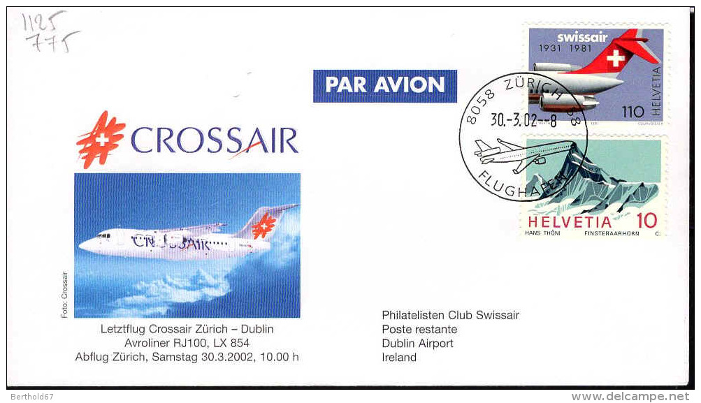 Suisse Poste Obl Yv: 775-1125 Yv:1,65 Euro Finsteraarhorn (TB Cachet à Date) Crossair Zürich Dublin - Covers & Documents