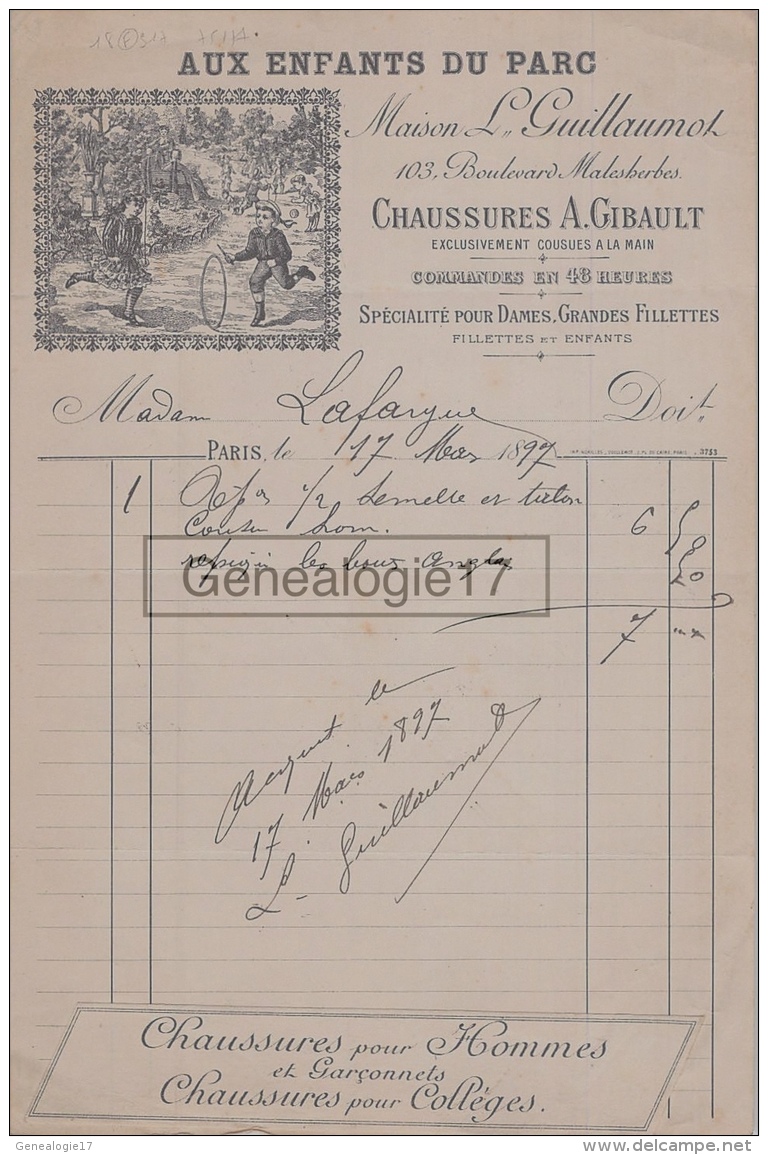 75 17 028 PARIS SEINE 1897 AUX ENFANTS DU PARC Chaussures A. GIBAULT Bd Malesherbes Succ L. GUILLAUMOT - 1800 – 1899