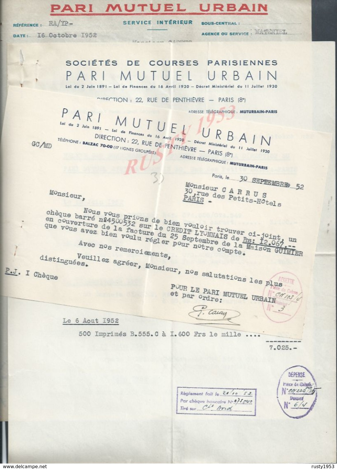 EQUITATION LOT DE 3 LETTRES PARIS MUTUEL COURSES DE CHEVAUX  URBAIN PARIS RUE DE PENTHIÈVRE 1952 : - Hipismo