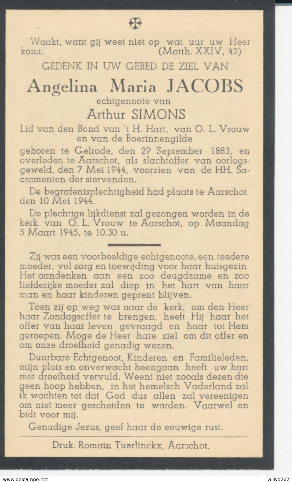 Oorlogsslachtoffer WO II - Angelina Maria JACOBS ° Gelrode 1883 + Aarschot 7 Mei 1944 - Echtg. Arthur SIMONS - Religion & Esotérisme