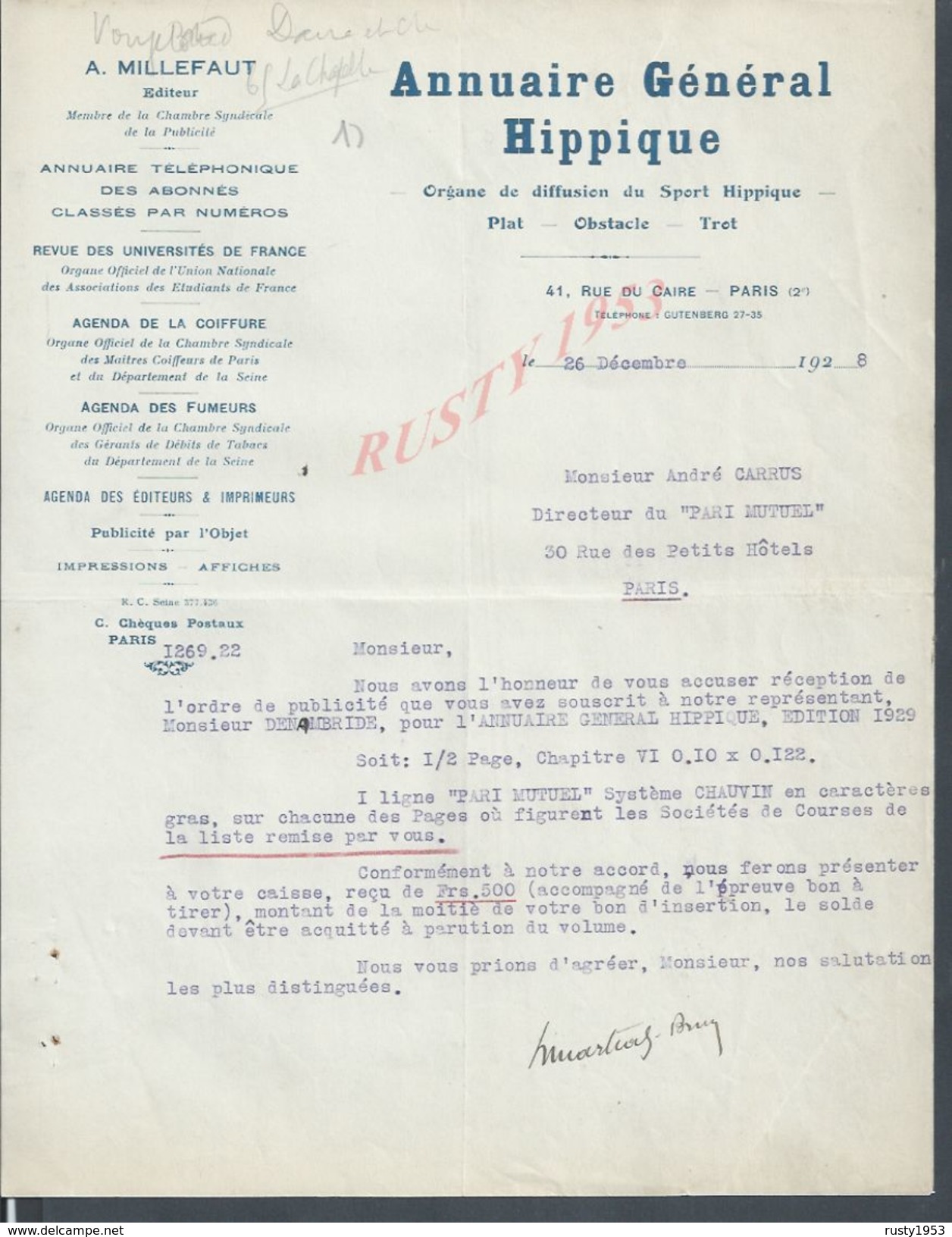 EQUITATION HIPPISME LETTRE ANNUAIRE GENERAL HIPPIQUE COURSE DE CHEVAUX PLAT OBSTACLE TROT PARIS RUE DU CAIRE 1928 : - Hipismo