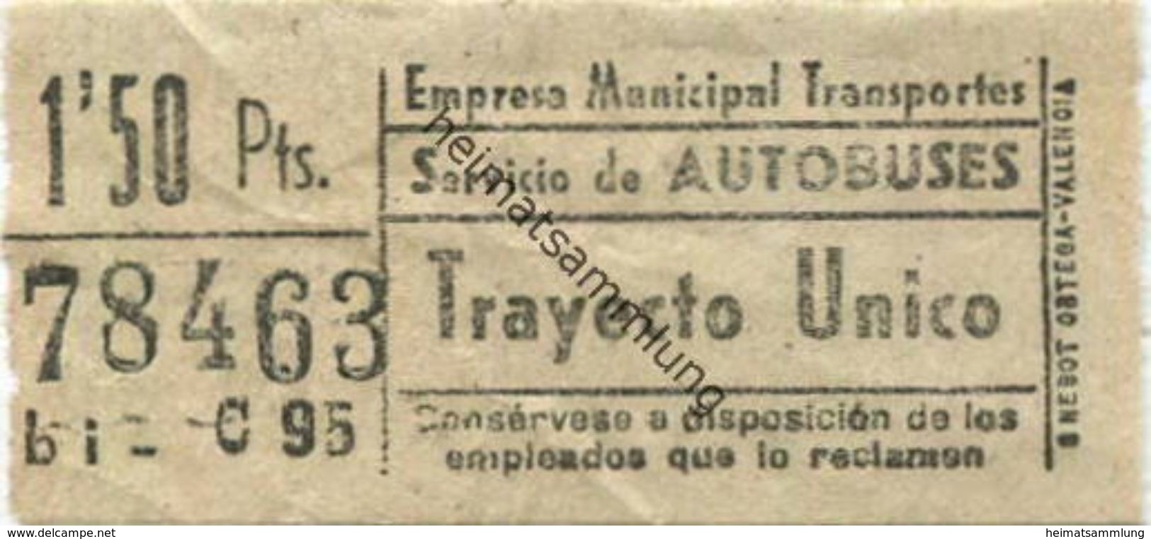 Spanien - Madrid - Empresa Municipal Transportes - Servicio De Autobuses - Trayecto Unico - Fahrschein 50er Jahre - Europe