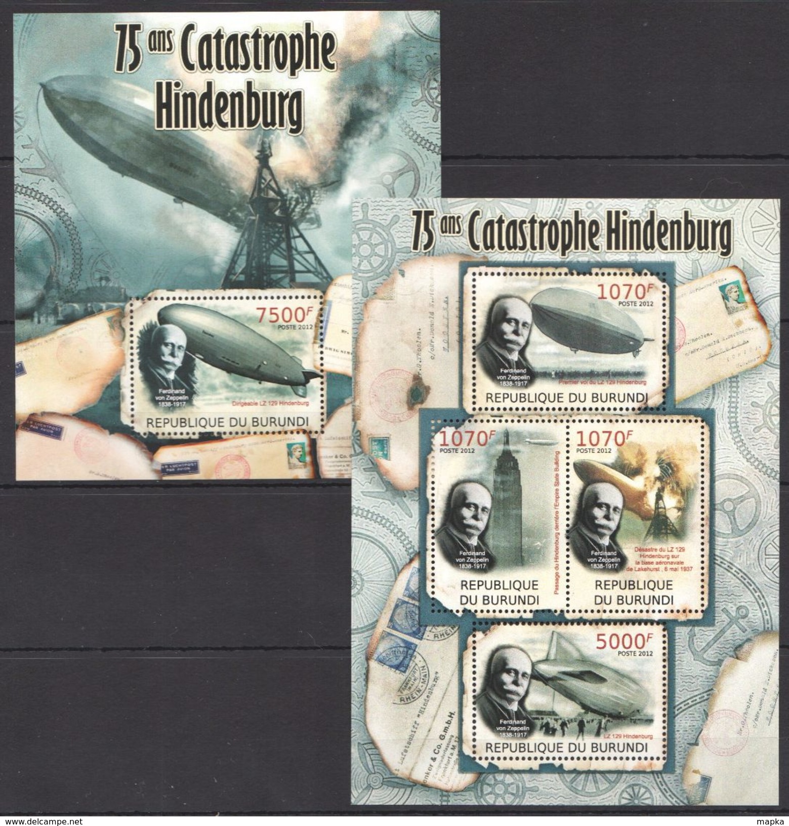 O485 2012 BURUNDI TRANSPORTATION AVIATION CATASTROPHE HINDENBURG 1KB+1BL MNH - Zeppeline