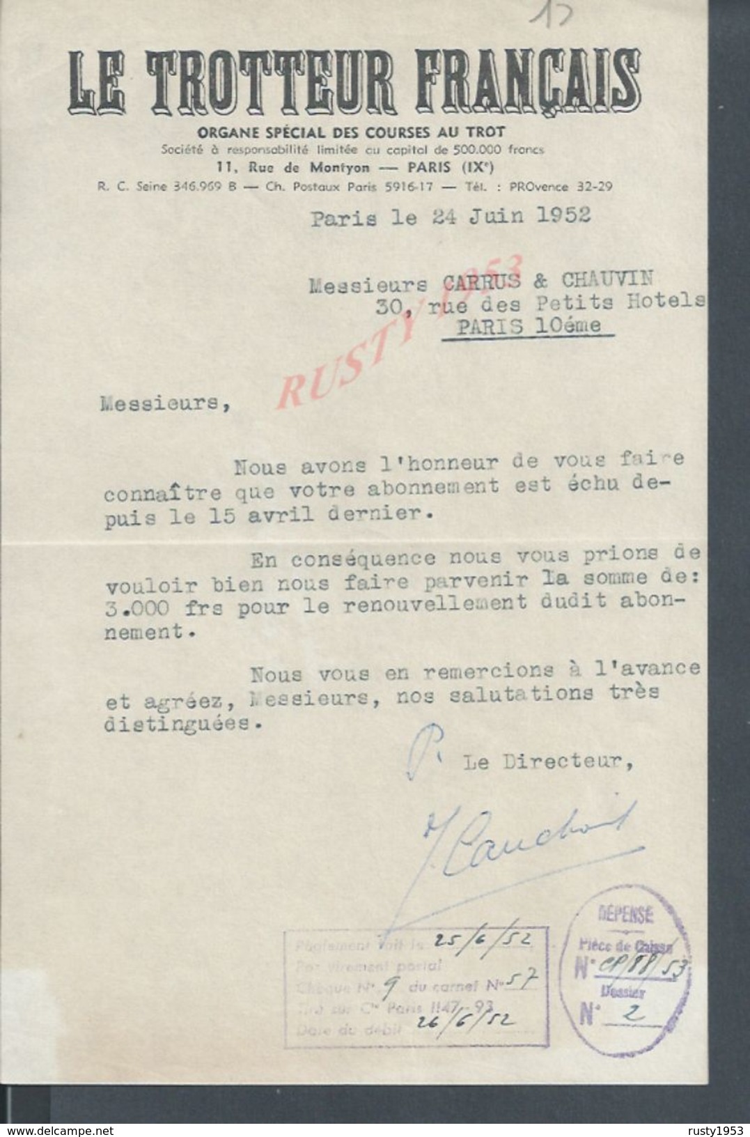 LETTRE AVEC TAMPON LE TROTTEUR FRANÇAIS PARIS RUE DE MONTYON 1952 : - Equitation