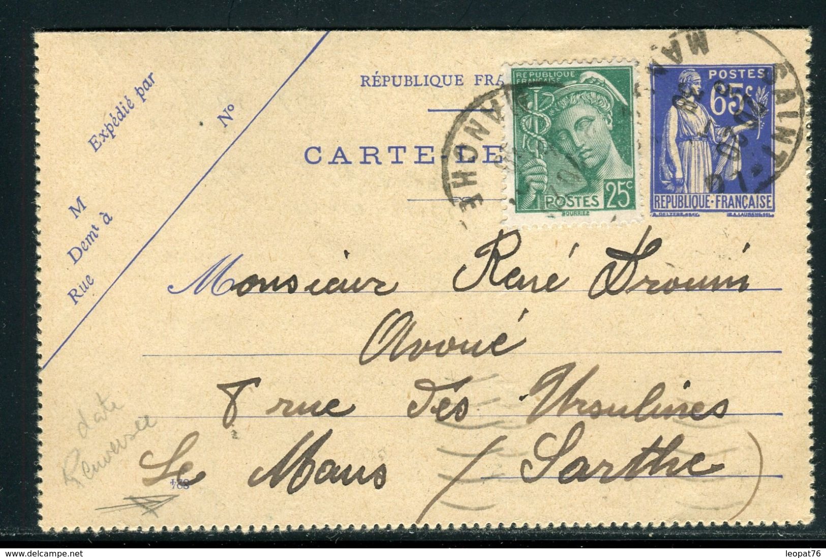 France - Entier Postal Type Paix + Complément De St Lô Pour Le Mans En 1938 , Variété Date Renversée - Ref S11 - Kartenbriefe