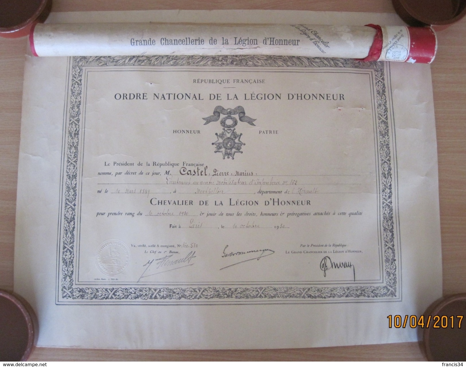 Médaille De Chevalier De L'Ordre De La Légion D'Honneur Avec Son Diplôme 1930 - France