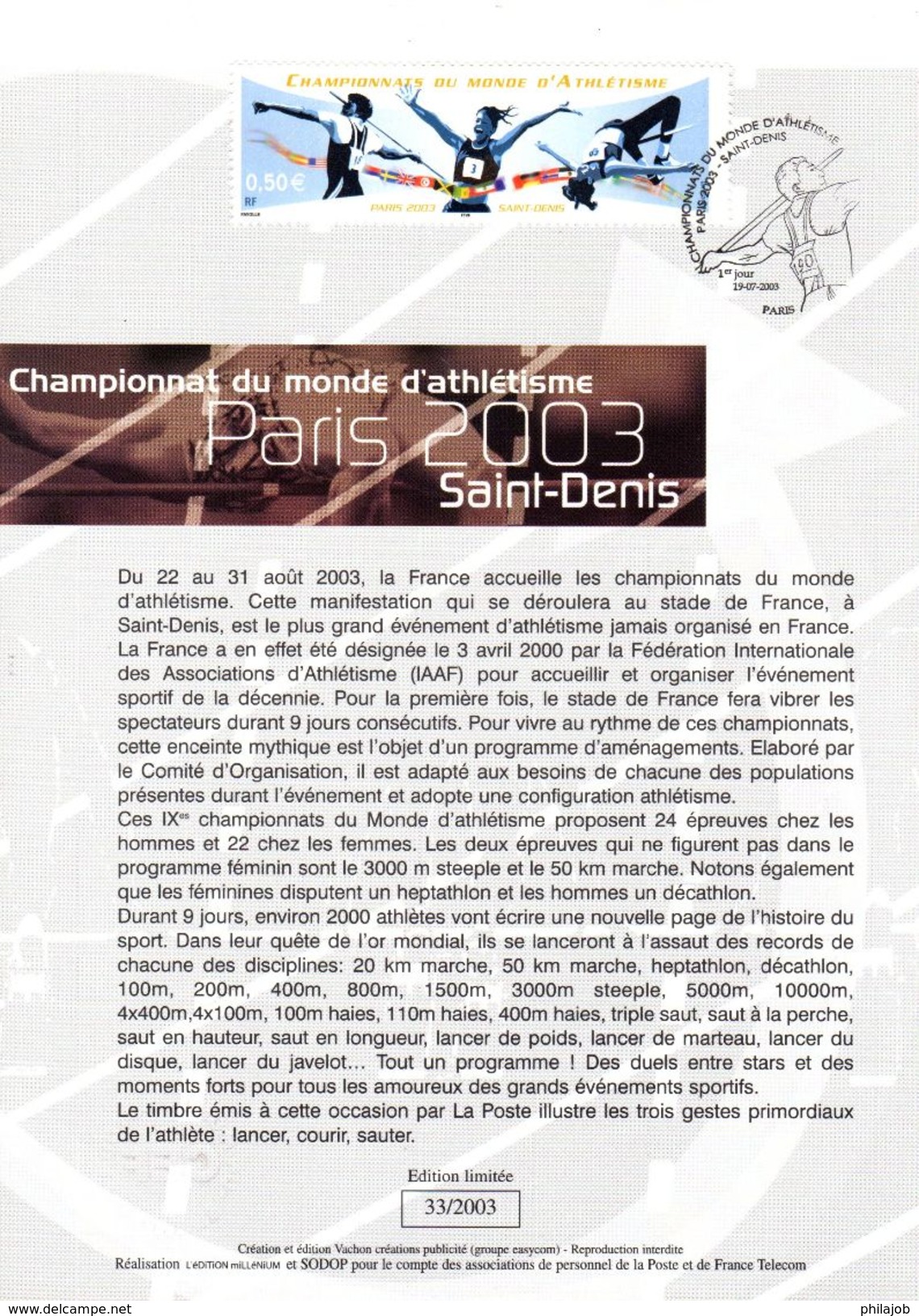 FRANCE 2003 : Encart 1er Jour " CHAMPIONNAT DU MONDE D'ATHLETISME " N° YT 3587. Voir Les 2 Scans. - Leichtathletik