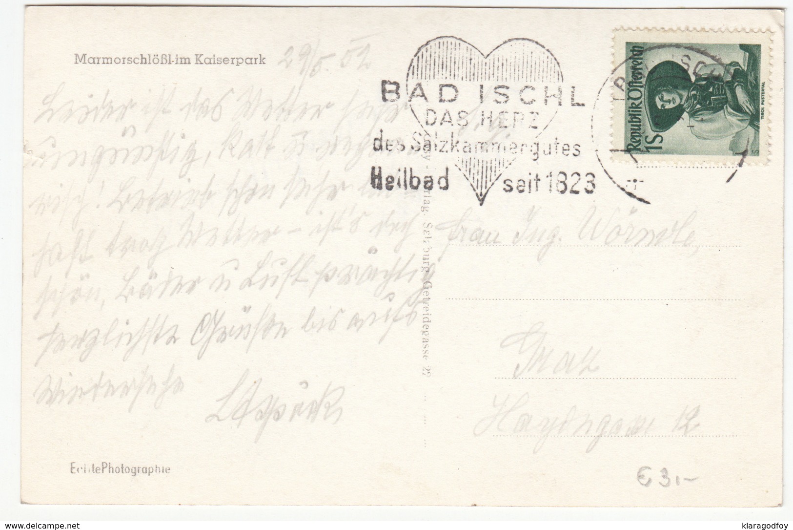 Bad Ischl Slogan Postmark On Marmorschlössl Old Postcard Travelled 1952 B170907 - Briefe U. Dokumente