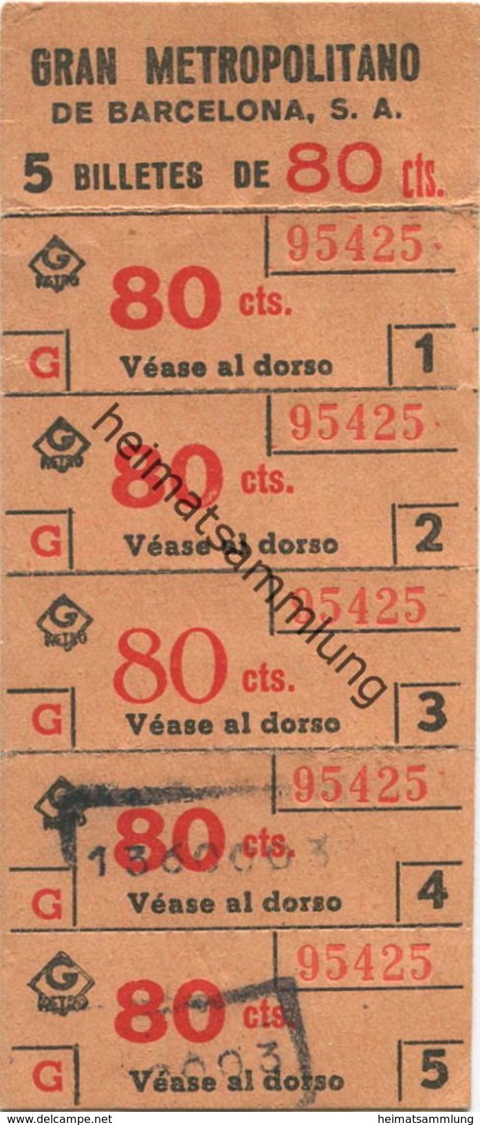 Spanien - Barcelona - Gran Metropolitano De Barcelona - 5 Billetes De 80cts. - Fahrschein 50er Jahre - Europe