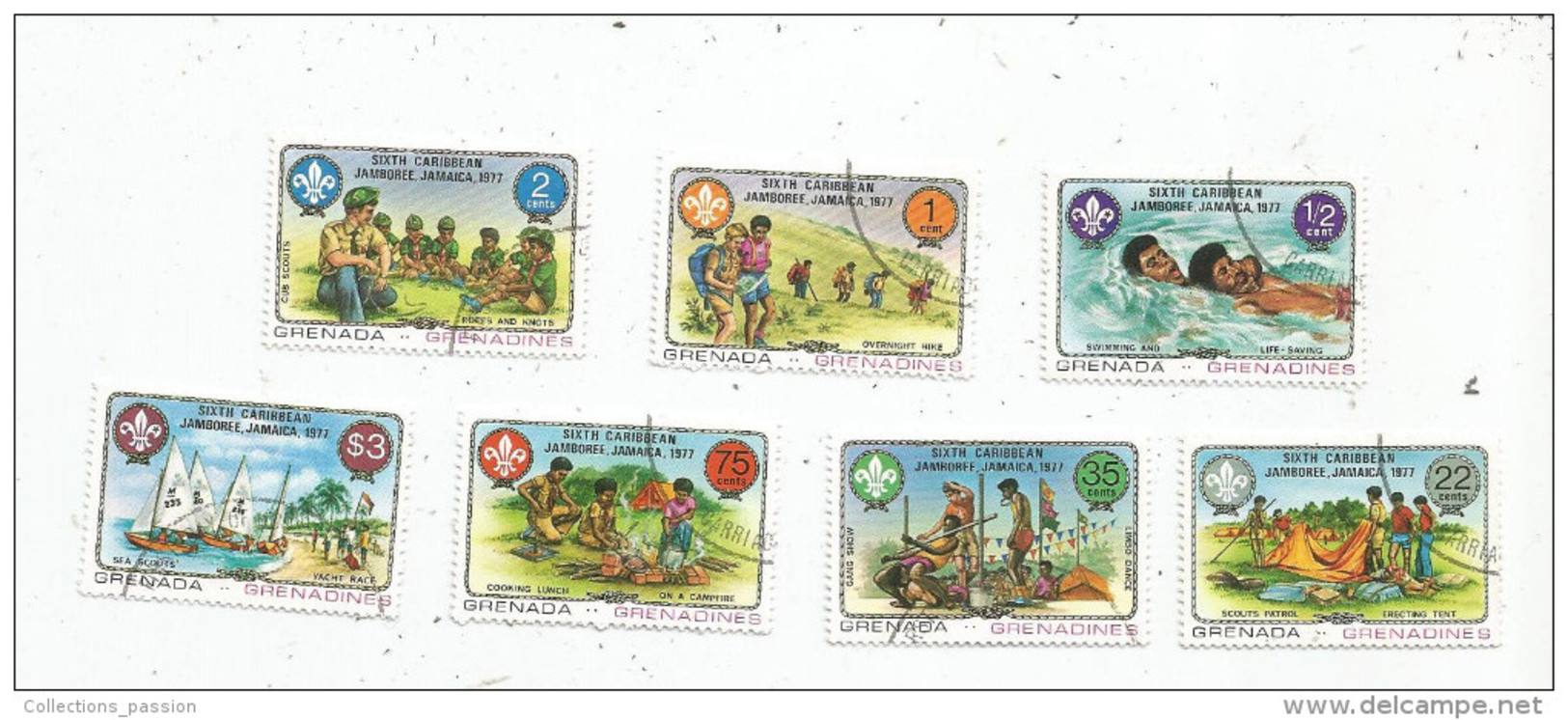 Timbre GRENADA , SCOUTISME , Sixth Caribbean Jamboree , Jamaica , 1977 , SERIE DE 7 TIMBRES - Oblitérés