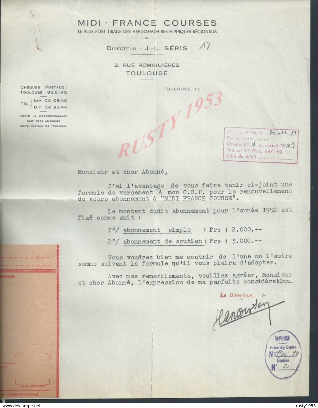 LETTRE MIDI FRANCE COURSES TOULOUSE 1948 : - Equitation