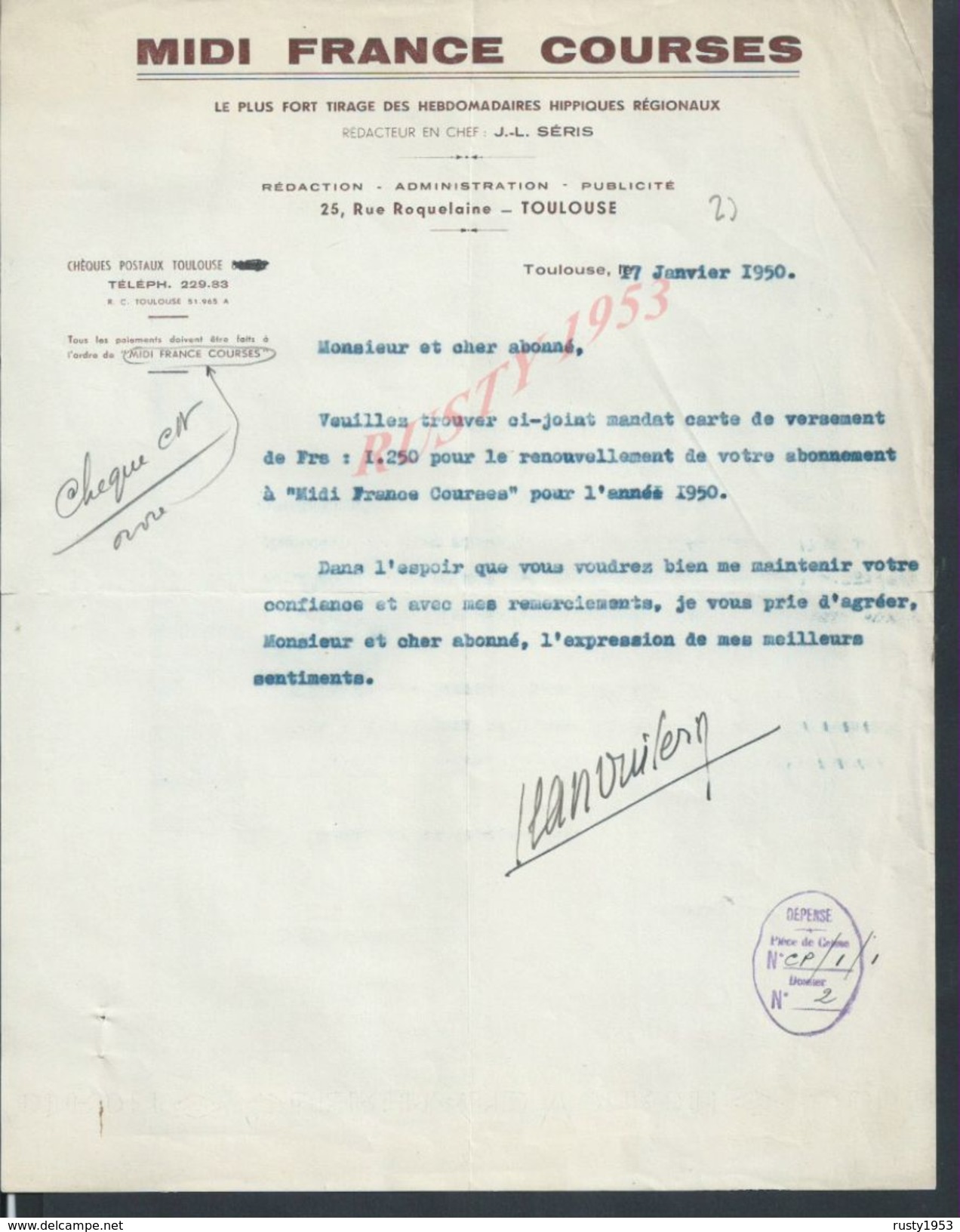 LETTRE MIDI FRANCE COURSES TOULOUSE 1950 : - Equitation