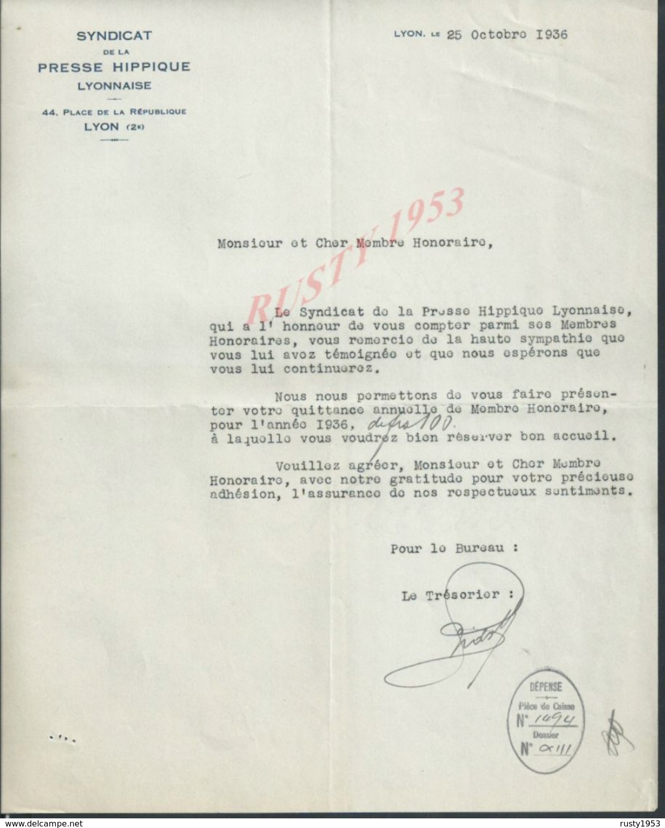 LETTRE SYNDICAT DE LA PRESSE HIPPIQUE LYONNAISE LYON 1935 : - Reiten