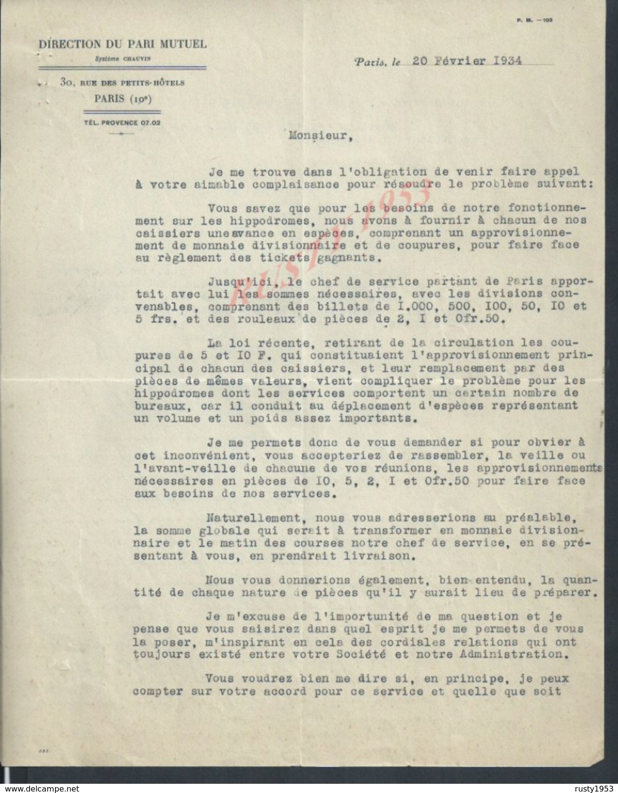 LETTRE DIRECTION DU PARI MUTUEL PARIS RUE DES PETITS HÔTELS 1934 : - Equitation