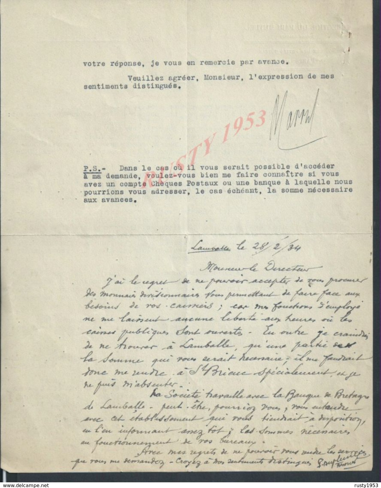 LETTRE DIRECTION DU PARI MUTUEL PARIS RUE DES PETITS HÔTELS 1934 : - Equitation