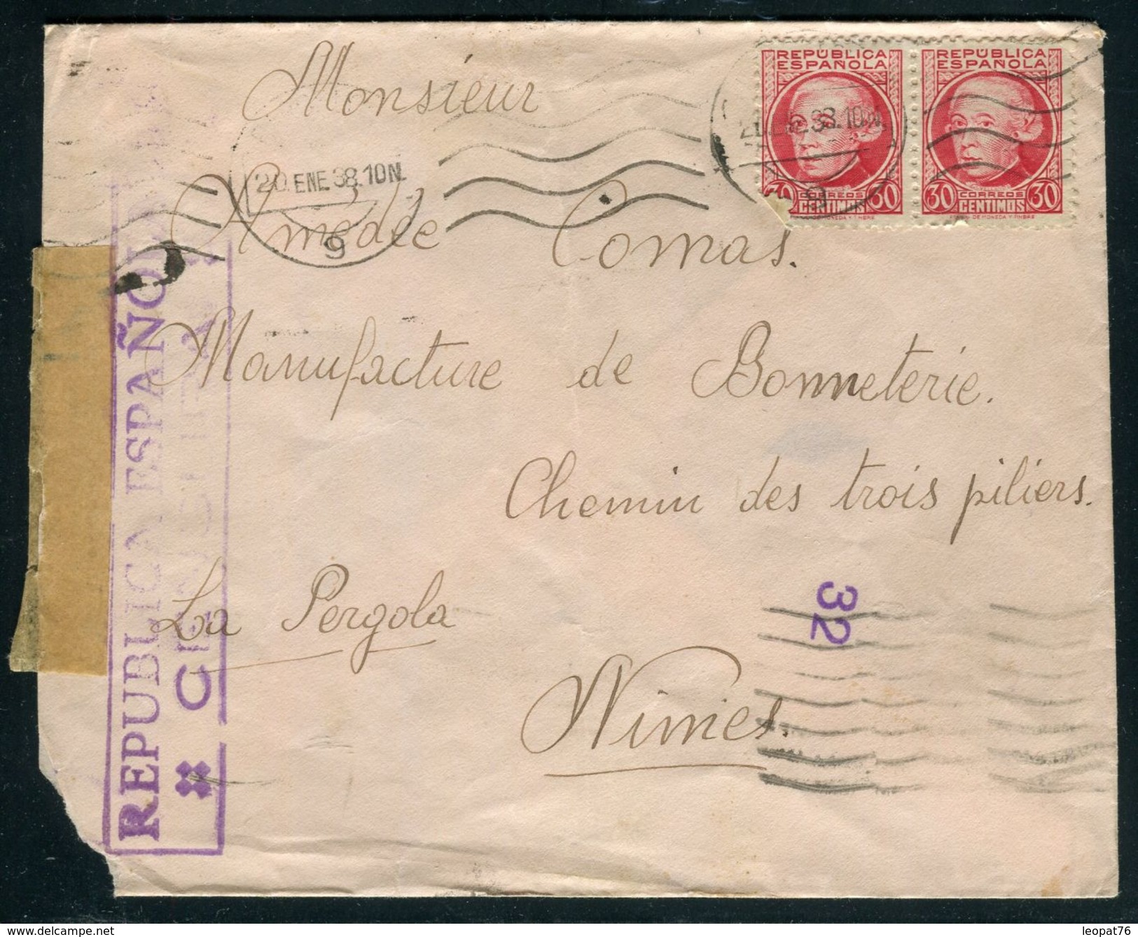 Espagne - Enveloppe De Barcelone Avec Censure Pour La France En 1938 - Ref S51 - Republicans Censor Marks