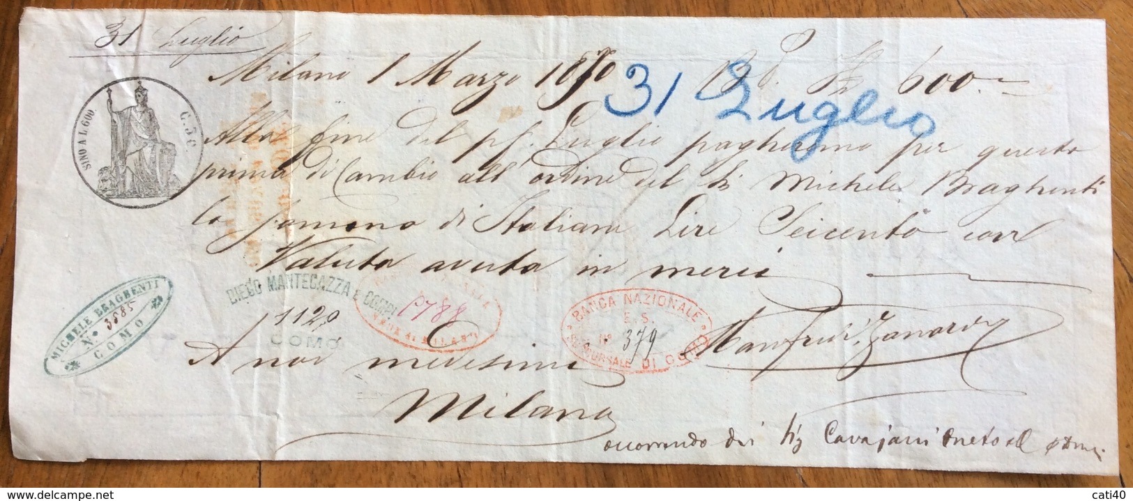 MARCA DA BOLLO SU CAMBIALE( 1868) MILANO 1870 DI 600  "con Valuta Avuta In MercI"   VARIE FIRME    DOCUMENTO ORIGINALE - Cambiali