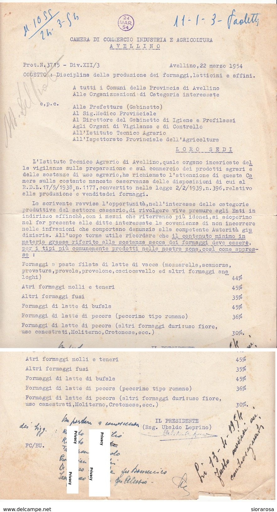 Camera Commercio Industria Agricoltura Avellino. Prot. 3715 Del 22.3.1954 Disciplina Produzione Formaggi...Savignano - Decreti & Leggi