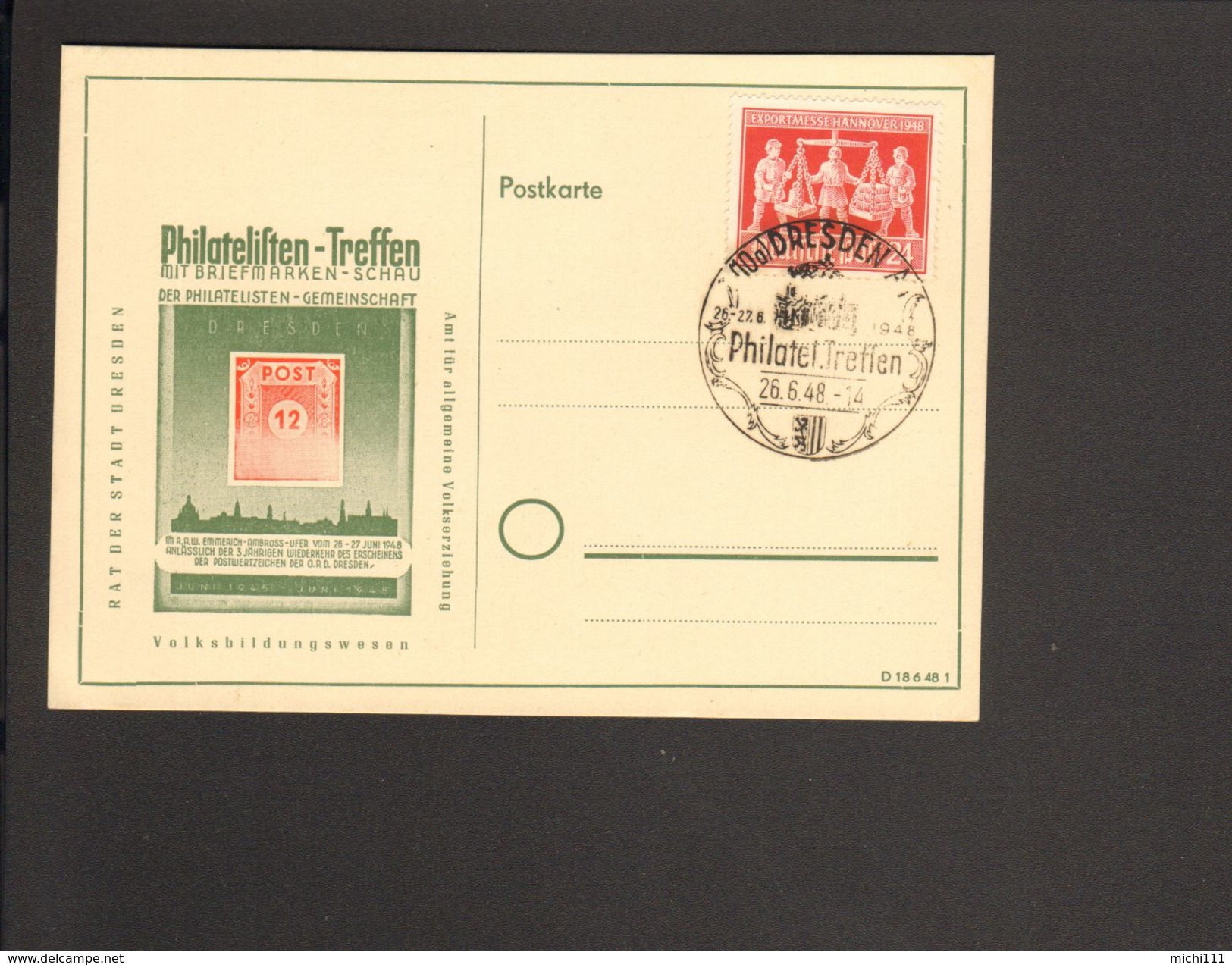 Bizone 24 Pfg.Exportmesse Hannover Auf Blanko-Karte Mit Sonderstempel Philatelisten-Treffen Dresden 1948 - Autres & Non Classés