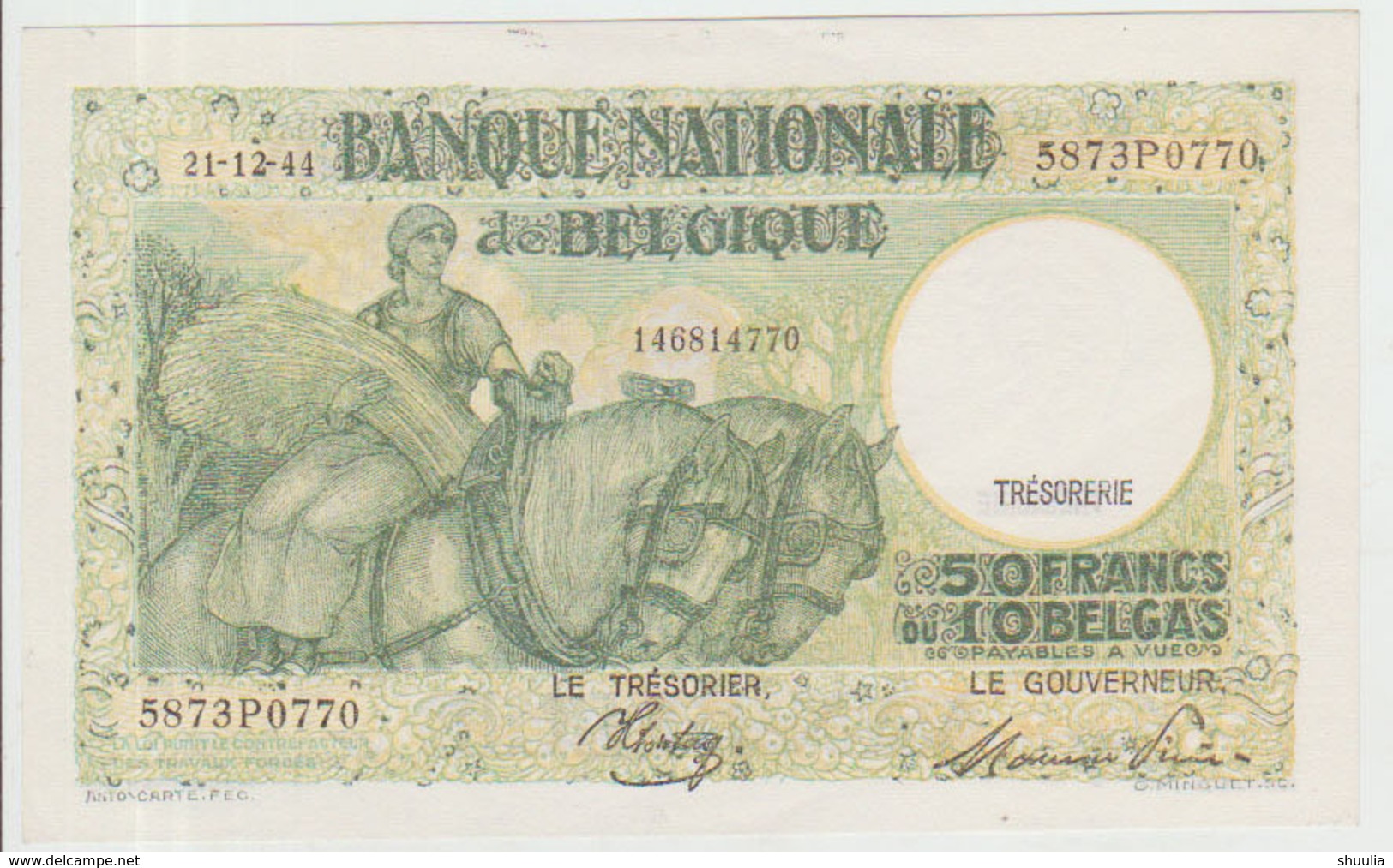 Belgium 50 Francs (1944) Pick 106 UNC - 50 Francs-10 Belgas