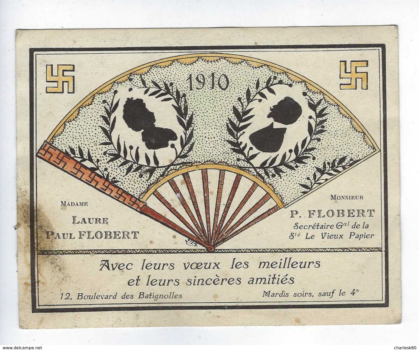 Carte De Voeux En éventail 1910 Croix Gammée Société Le Vieux Papier Flobert Paris - Advertising