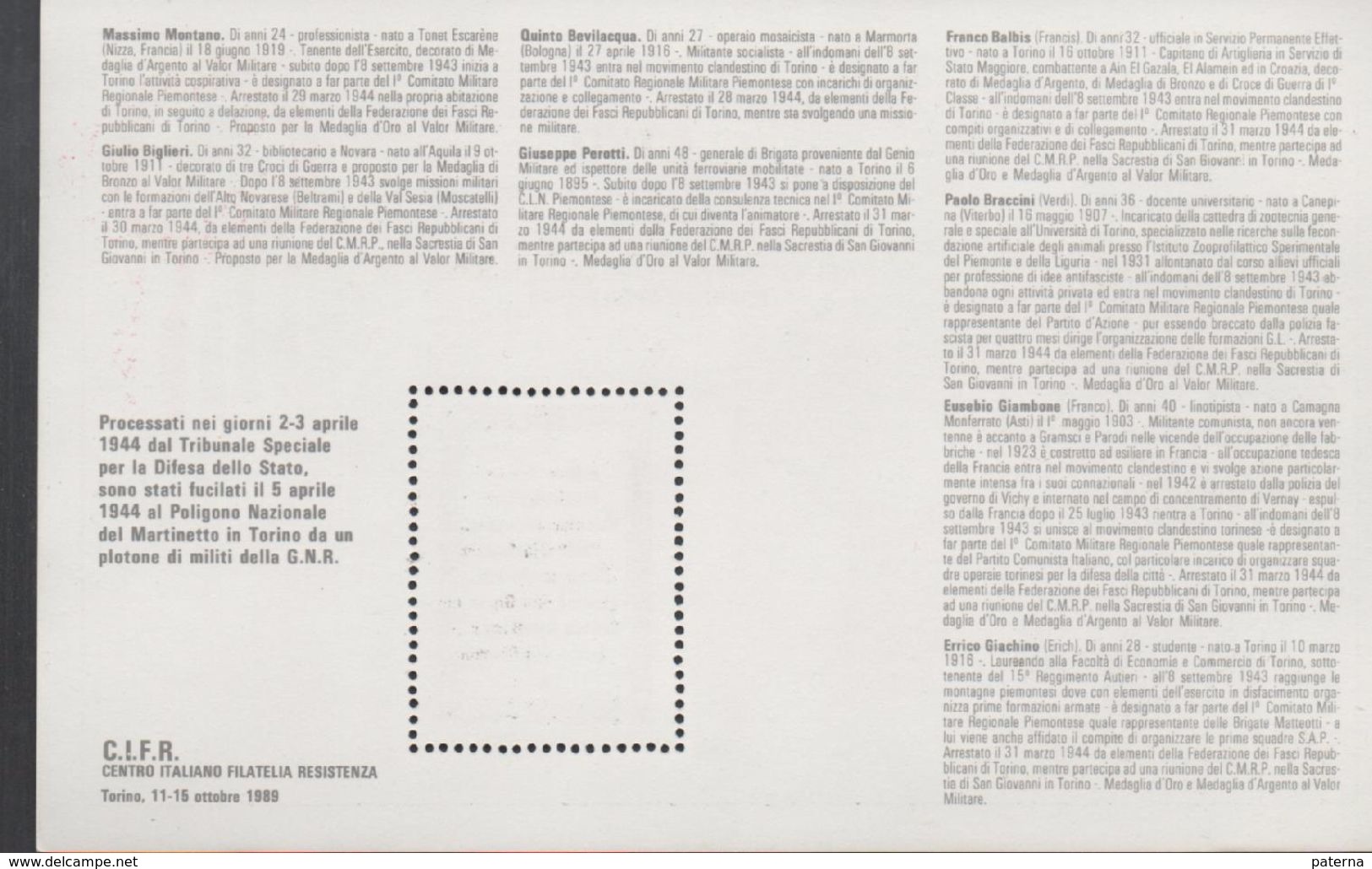 3176   Viñeta, Label Vignetta  , En Recordo, Recuerdo ,45º Aniversario De La Morte Torino, 1944.  Resistenza, C.I.F.R - Varietà E Curiosità