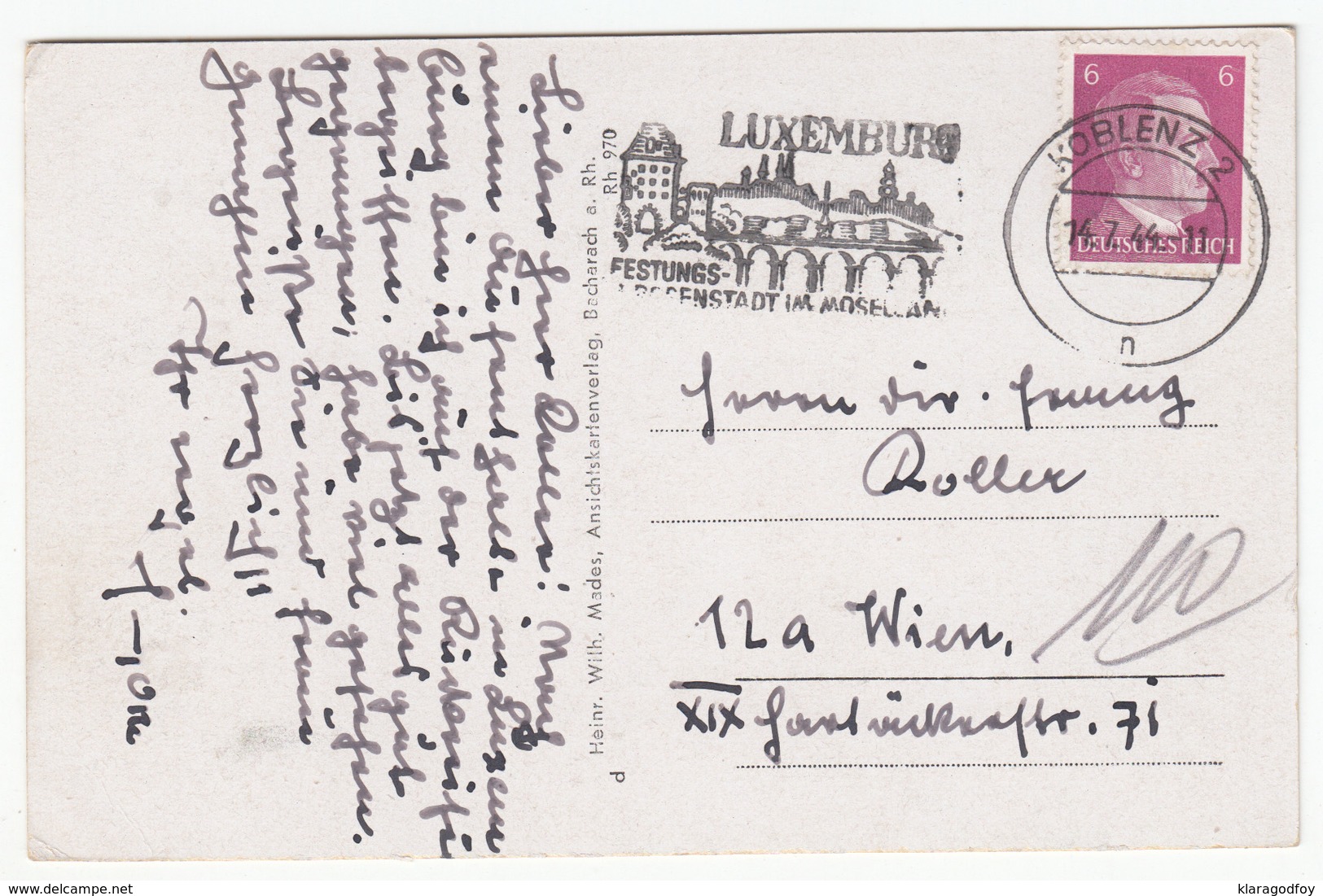 Luxemburg Festungs- U. Rosenstadt Im Moselland Slogan Postmark On Bacharach Old Postcard Travelled 1944 B170907 - Briefe U. Dokumente