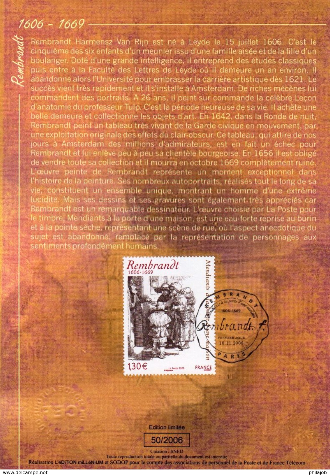 "  MENDIANTS A LA PORTE D'UNE MAISON De REMBRANDT " Sur Encart 1er Jour De 2006  N° YT 3984. Voir Les 2 Scans. FDC - Rembrandt