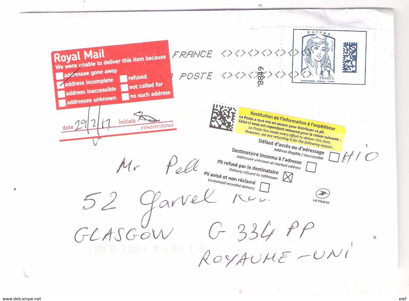 France, Lettre Marianne Ciappa Kawena EUROPE , Mention PLI REFUSE PAR LE DESTINATAIRE + Address Incomplete > GLASGOW , - Brieven En Documenten