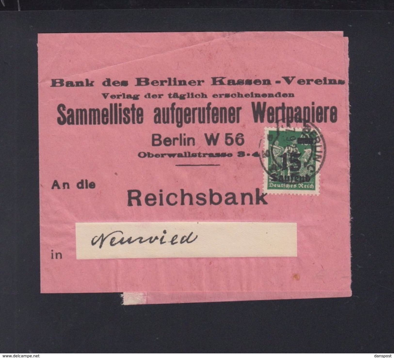 Dt. Reich Streifband 1923 Bank Des Berliner Kassen-Vereins - Briefe U. Dokumente