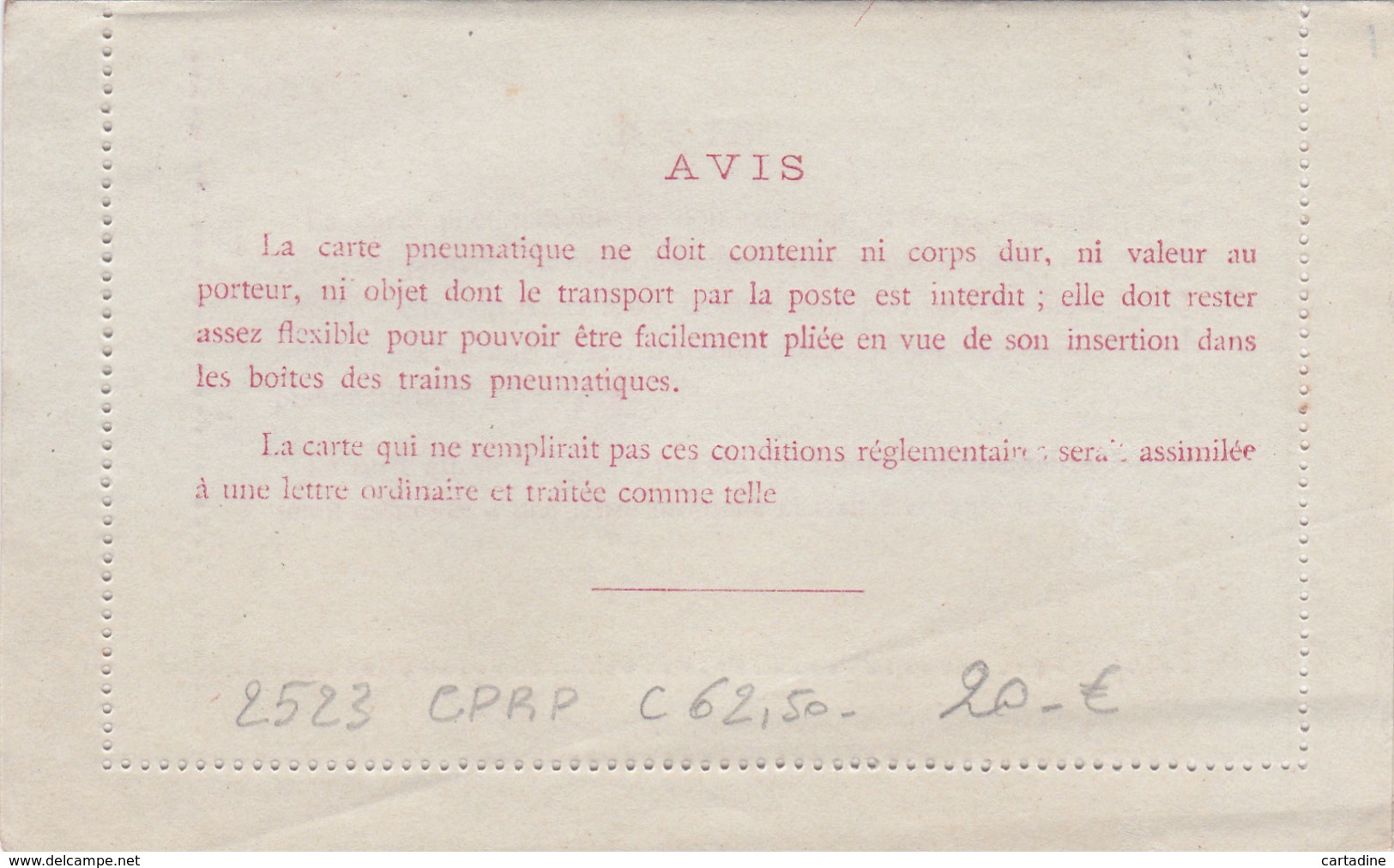 Entier Postal France - Carte Pneumatique -  N° 2523 CPRP - Côte 62.50 € - Rohrpost