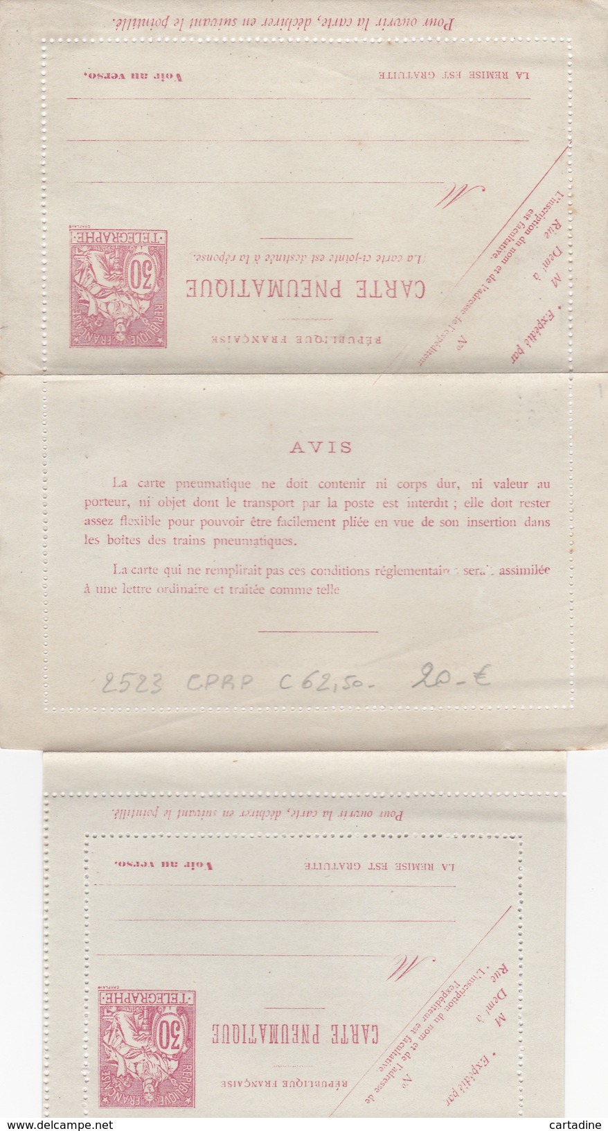 Entier Postal France - Carte Pneumatique -  N° 2523 CPRP - Côte 62.50 € - Rohrpost