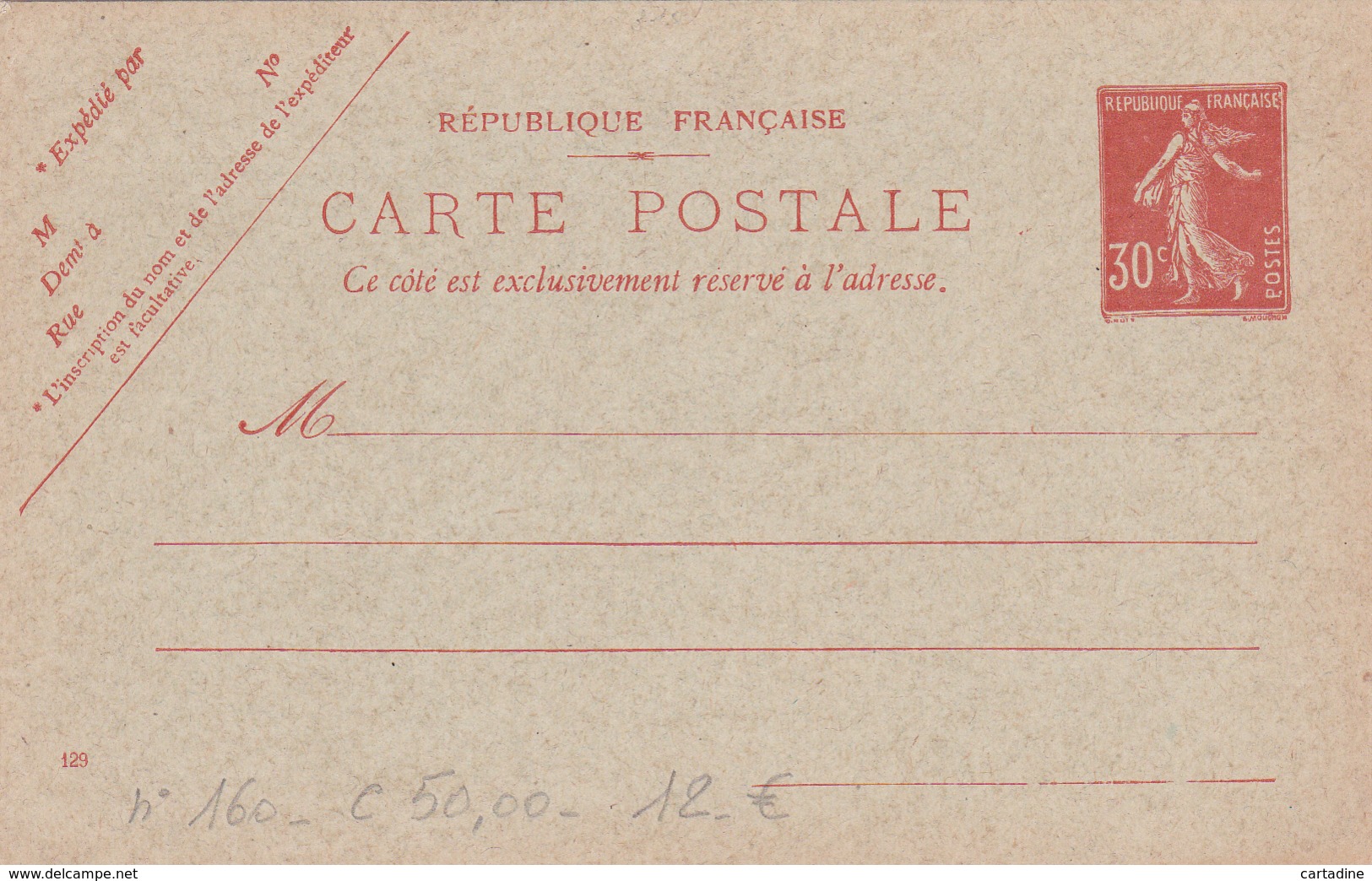 Entier Postal France - Carte Postale -  N° 160  - Côte 50.00&euro; - Standaardpostkaarten En TSC (Voor 1995)